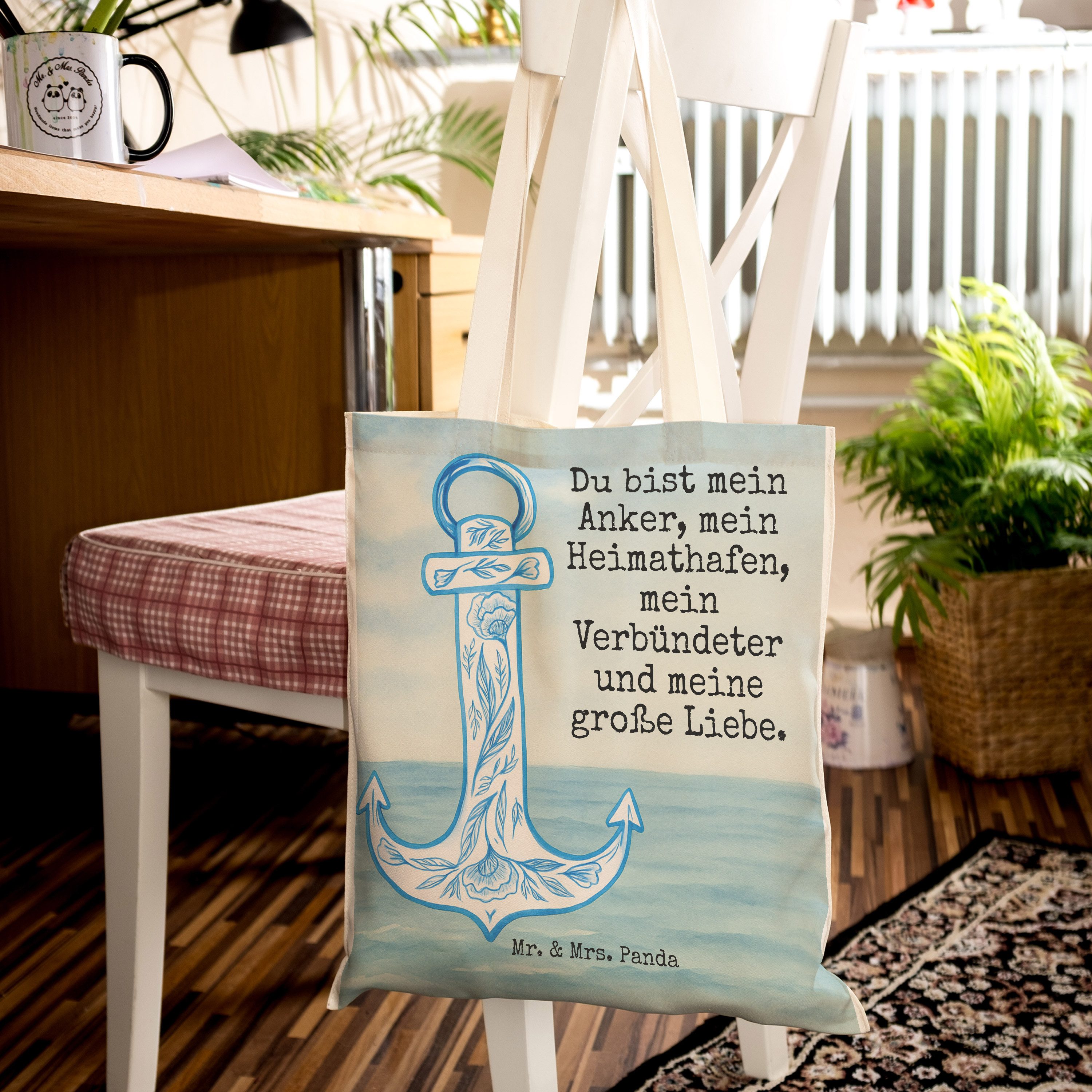 Mr. & Mrs. Panda Tragetasche Anker Blau Design, shopping bag, Weiß, Tasche, Einkaufstasche, bag, B (Packung), Tasche Tragetasche Mit Spruch Shoppingbag