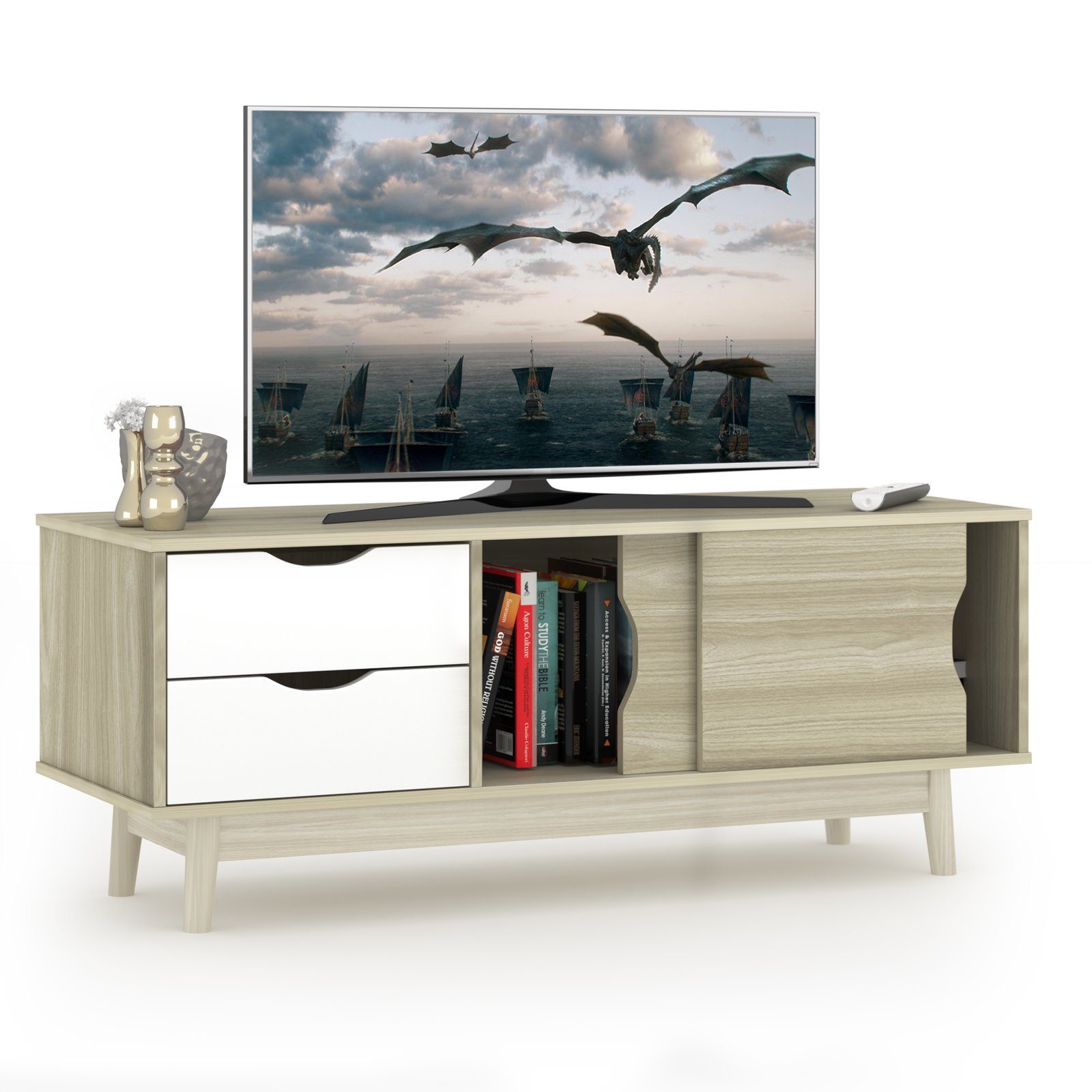 COSTWAY TV-Schrank mit 2 Schubladen & 2 Schiebetüren, 120 cm Eiche