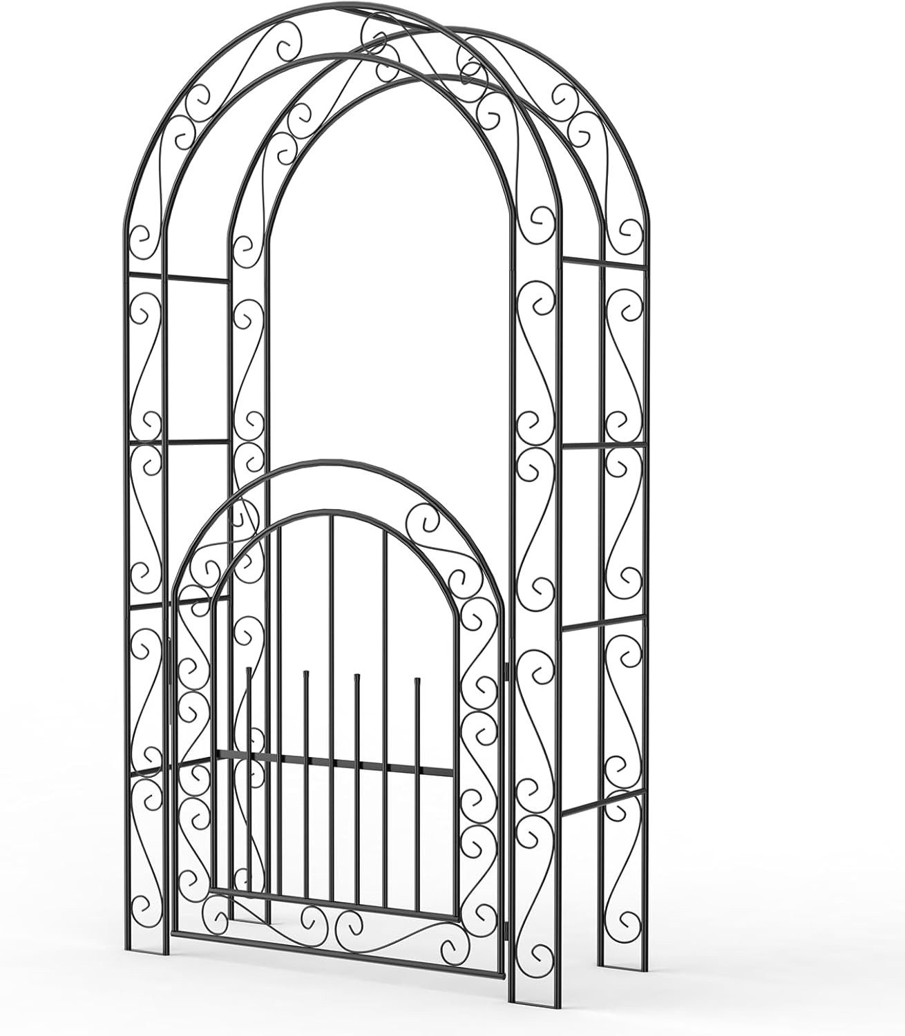 GarveeMore Rosenbogen mit Tor,Robuster Metallbogen für Kletterrosen,2.15m, eleganter Stahlbogen für Terrasse, Rasen oder Gartendekoration