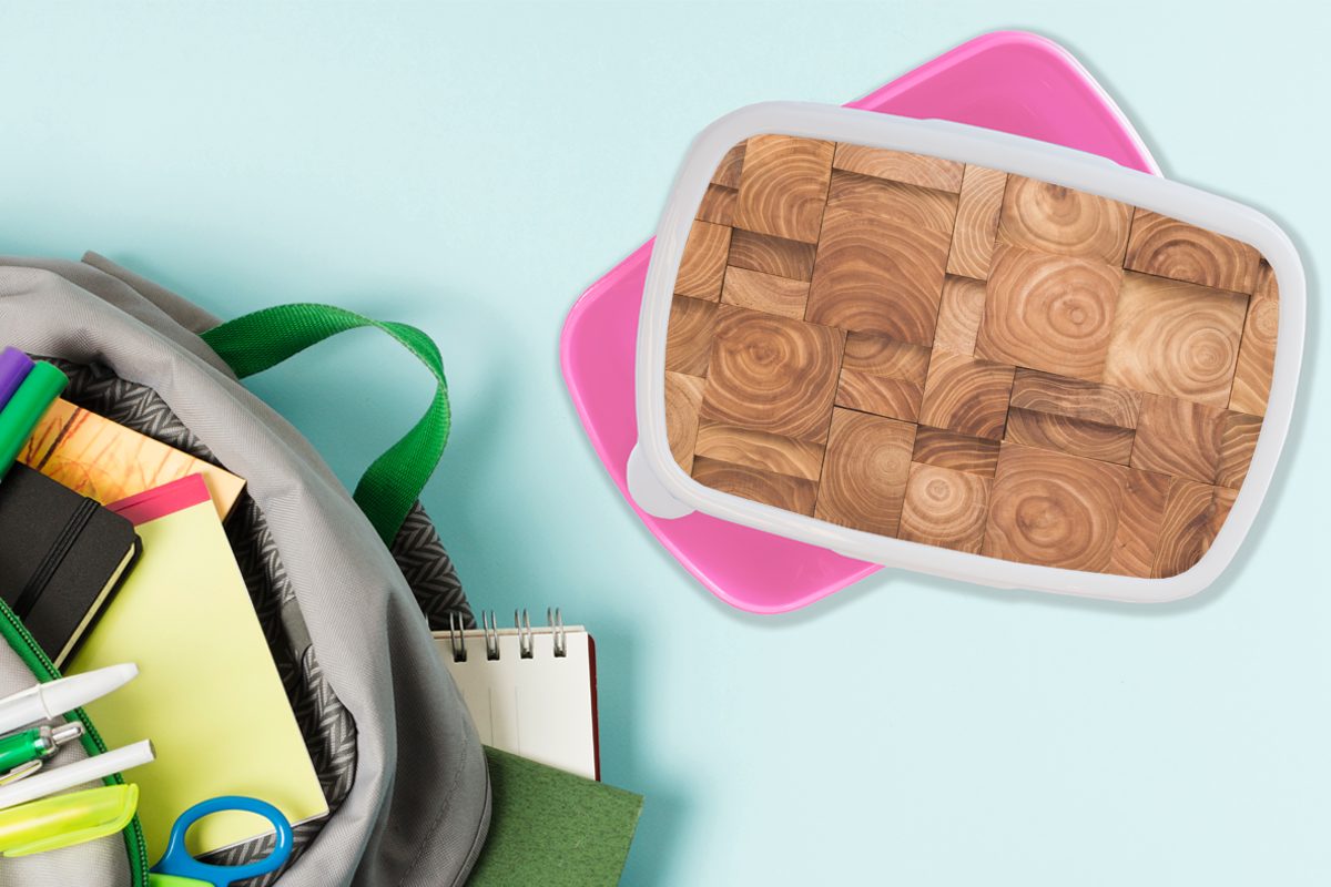 Erwachsene, Kinder, Brennholz Snackbox, (2-tlg), Brotbox Mädchen, MuchoWow in Lunchbox für rosa Kunststoff Brotdose Kunststoff, Blöcken, sauberen