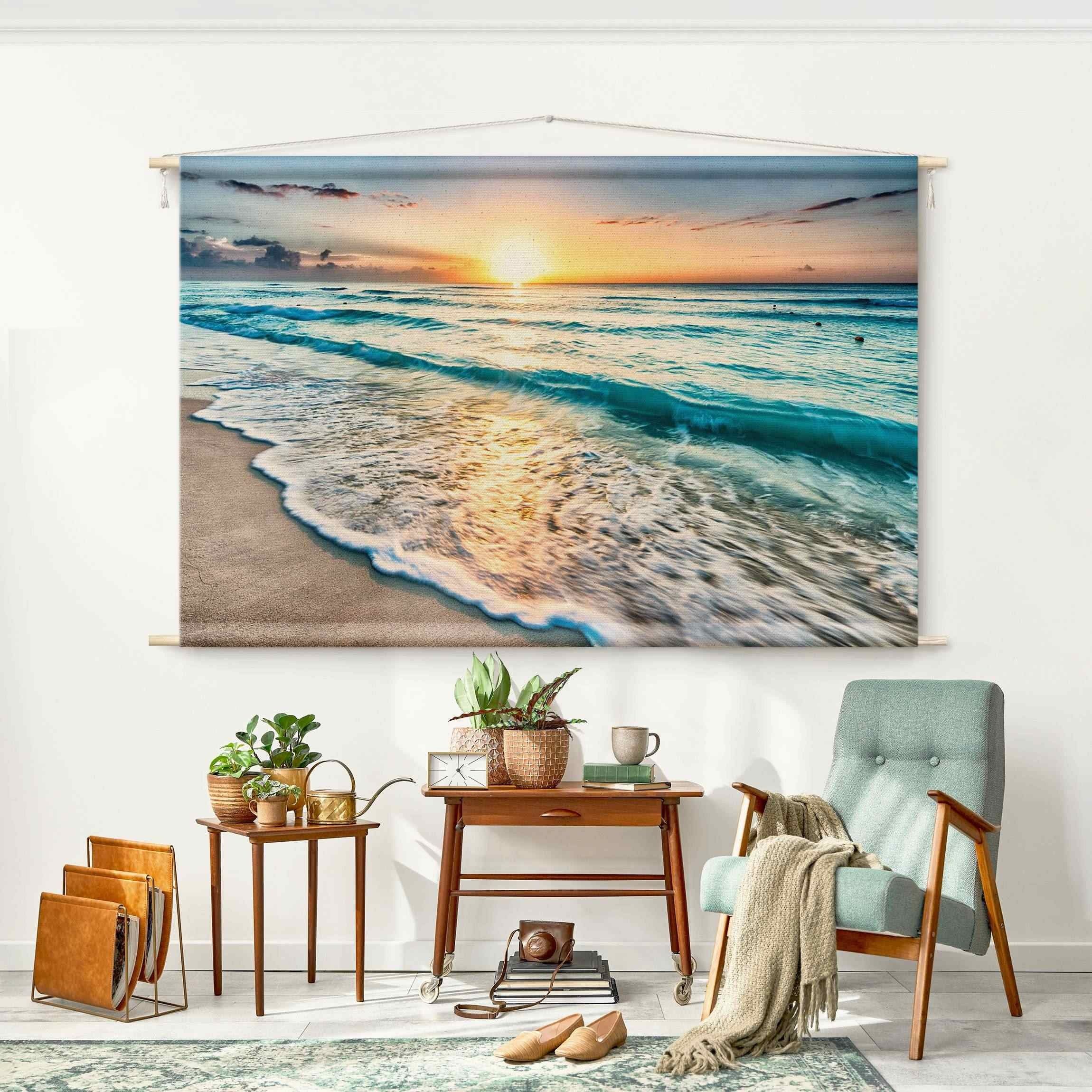 Bilderdepot24 Wandteppich modern Strand Natur blau, rechteckig, Höhe: 2.6 mm, großes Wandbild aus Natur-Baumwolle Wandbehang Stoffbild Tuch Wollseil