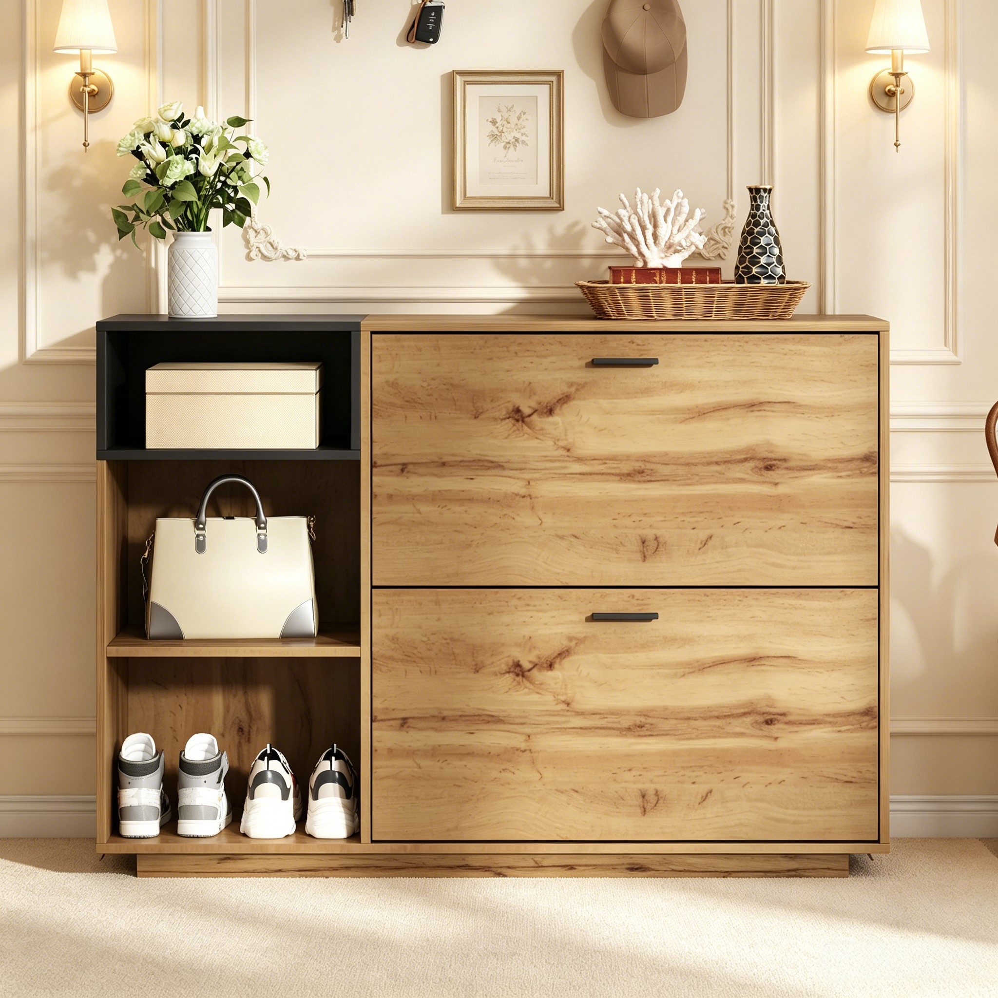 BlingBin Schuhschrank 120x32x84,5 cm Schuhkipper mit 3 Offenen Fächern & 2 Klappfächern (1er Set, 1-St., max. 50kg belastbar, Eingangsschrank, Sideboard) Doppelschrank aus MDF für Wohnzimmer Flur, Naturholzfarbe + Schwarz