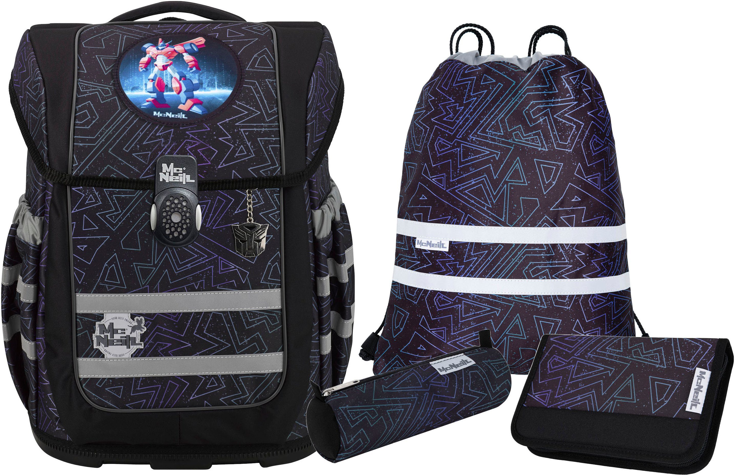 McNeill Schulranzen Ergo Compacto, Tron (Set, 5-tlg), inkl. Federmäppchen, Turnbeutel, Schlamperrolle & Motivmagnet