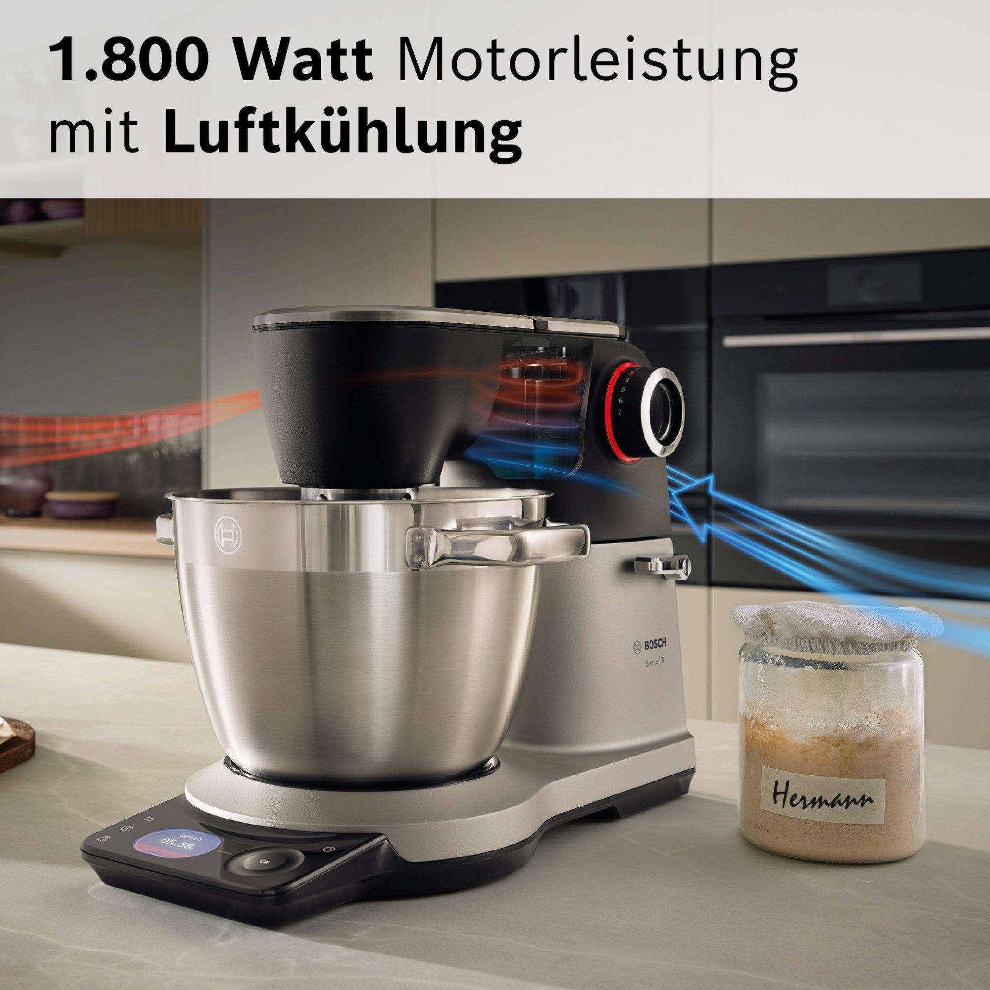 BOSCH Küchenmaschine Küchenmaschine Serie 8, MUMS8ZS18, XL 6 L Edelstahlschüssel, Waage, 1800 W, 10,2 l Schüssel, 7 Automatikprogramme, Timer, Vollmetallgehäuse, Edelstahl-Rührer