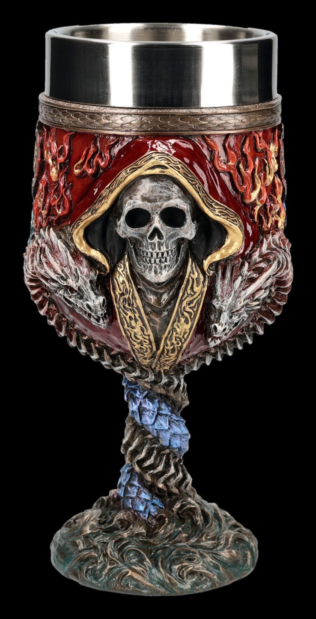 Figuren Shop GmbH Becher Zauberer Kelch mit Drachen – Fantasy Trinkkelch Himmel Hölle 17 cm, Kunststein (Polyresin), Edelstahl