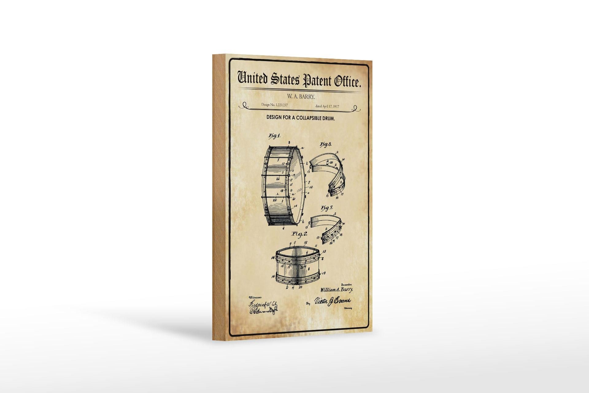 Femer GmbH Holzbild Patent 12x18 cm Entwurf für eine zusammenklappbare Trommel, (1 St), Glatte Holzfaserplatte (MDF), vorn beschichtet