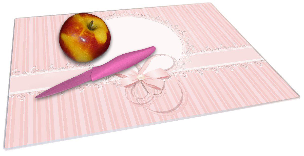 Gummifüße 1-St), 4mm, Schneidebrett 30x40cm (inkl. Bänder, Schleifen ESG-Sicherheitsglas, in rosa, Spitzen und rutschfester Geschenkkarte, Wallario