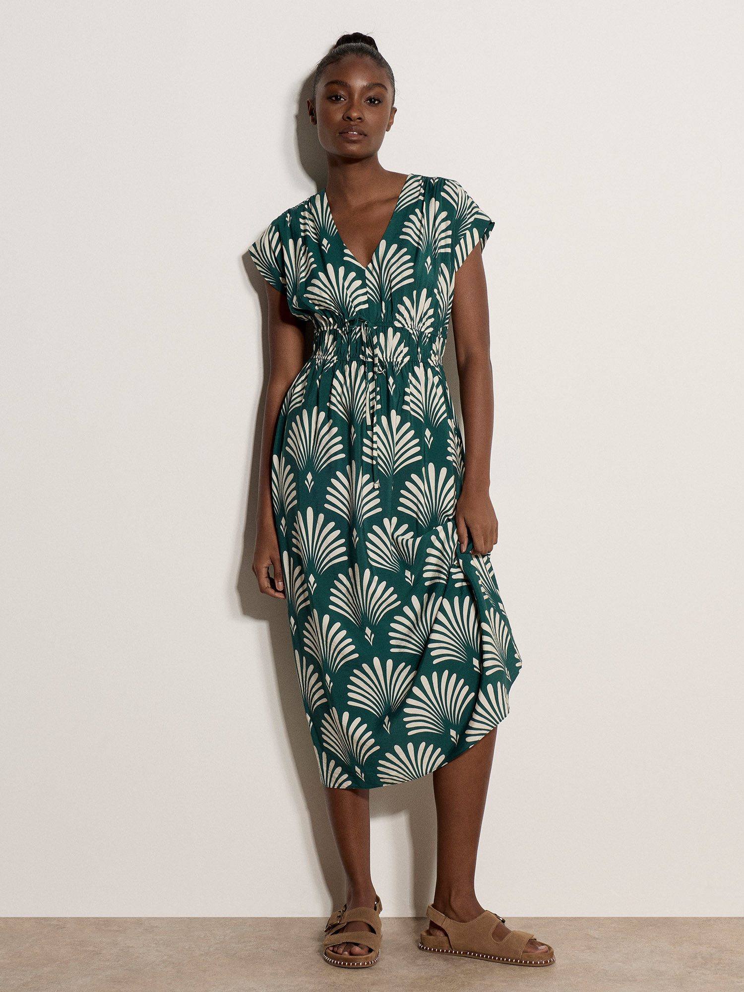 Apricot Midikleid Midaxi-Kleid mit Fächerprint mit Bindeband
