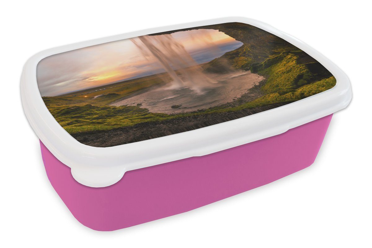 MuchoWow Lunchbox Wasserfall - Island - Natur, Kunststoff, (2-tlg), Brotbox für Erwachsene, Brotdose Kinder, Snackbox, Mädchen, Kunststoff rosa