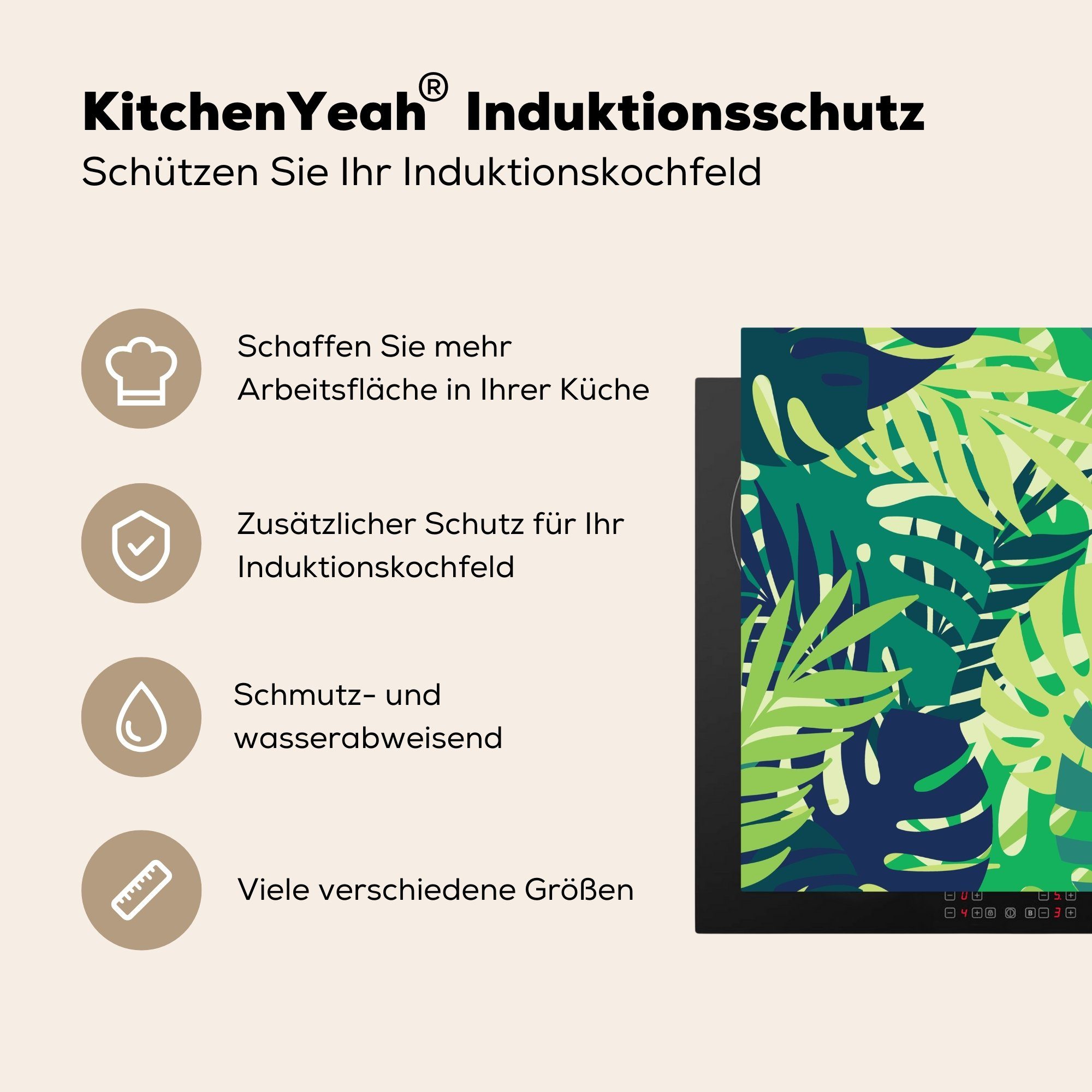 MuchoWow Herdblende-/Abdeckplatte - cm, 78x78 Vinyl, Muster küche Ceranfeldabdeckung, Arbeitsplatte tlg), (1 Garten, für - Blätter