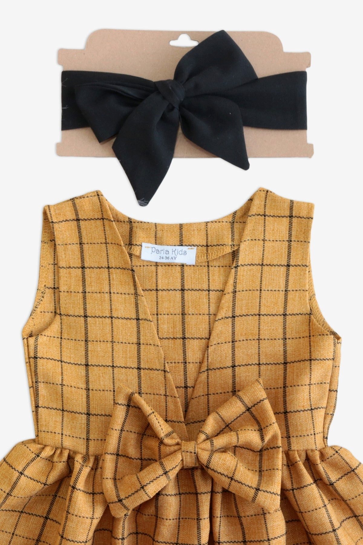 Parla Kids Kleid & Haarband Senfgelbes Kleid im Karomuster und Schleife mit passendem Haarband