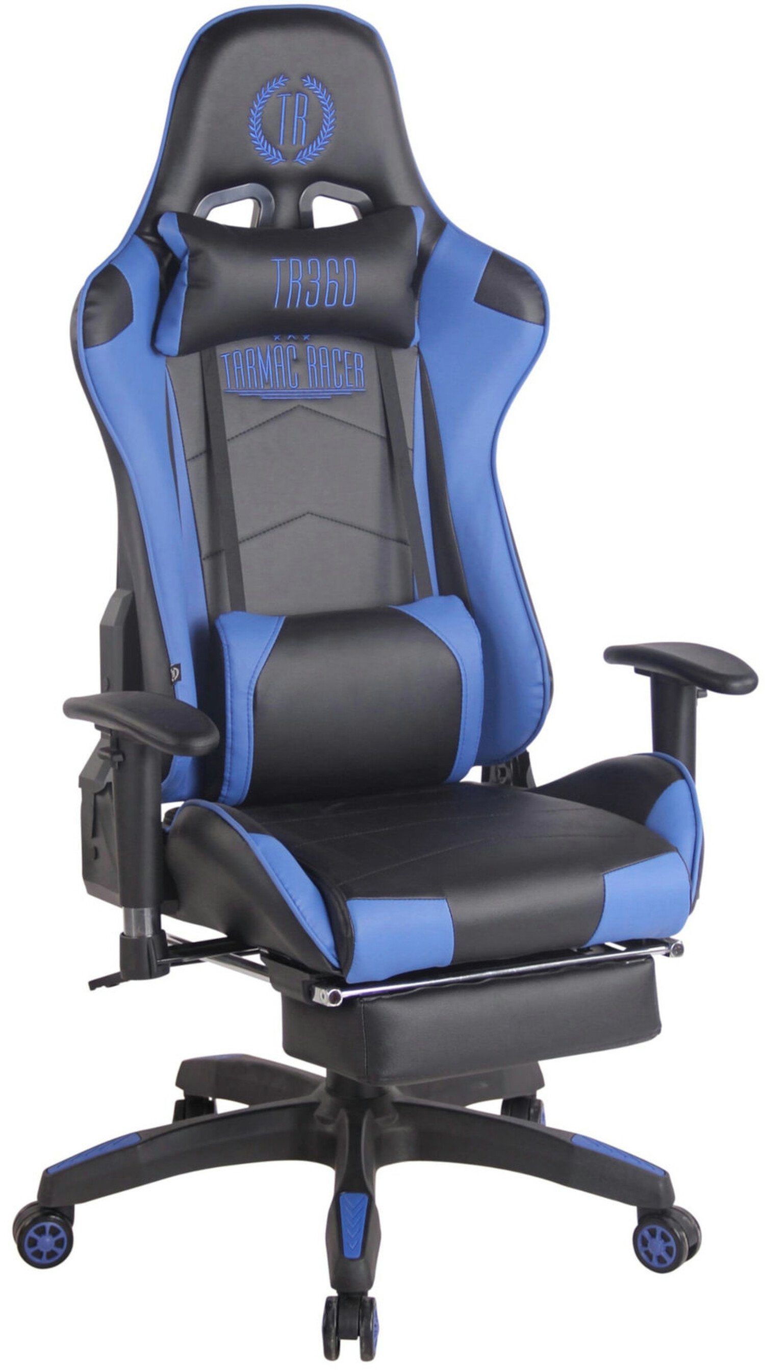 TPFLiving Gaming-Stuhl Turbine Rückenlehne Gamingstuhl, und drehbar Sitz: - mit schwarz/blau 360° bequemer Racingstuhl, schwarz (Schreibtischstuhl, Chefsessel), Gestell: höhenverstellbar Drehstuhl, Kunstleder - Kunststoff