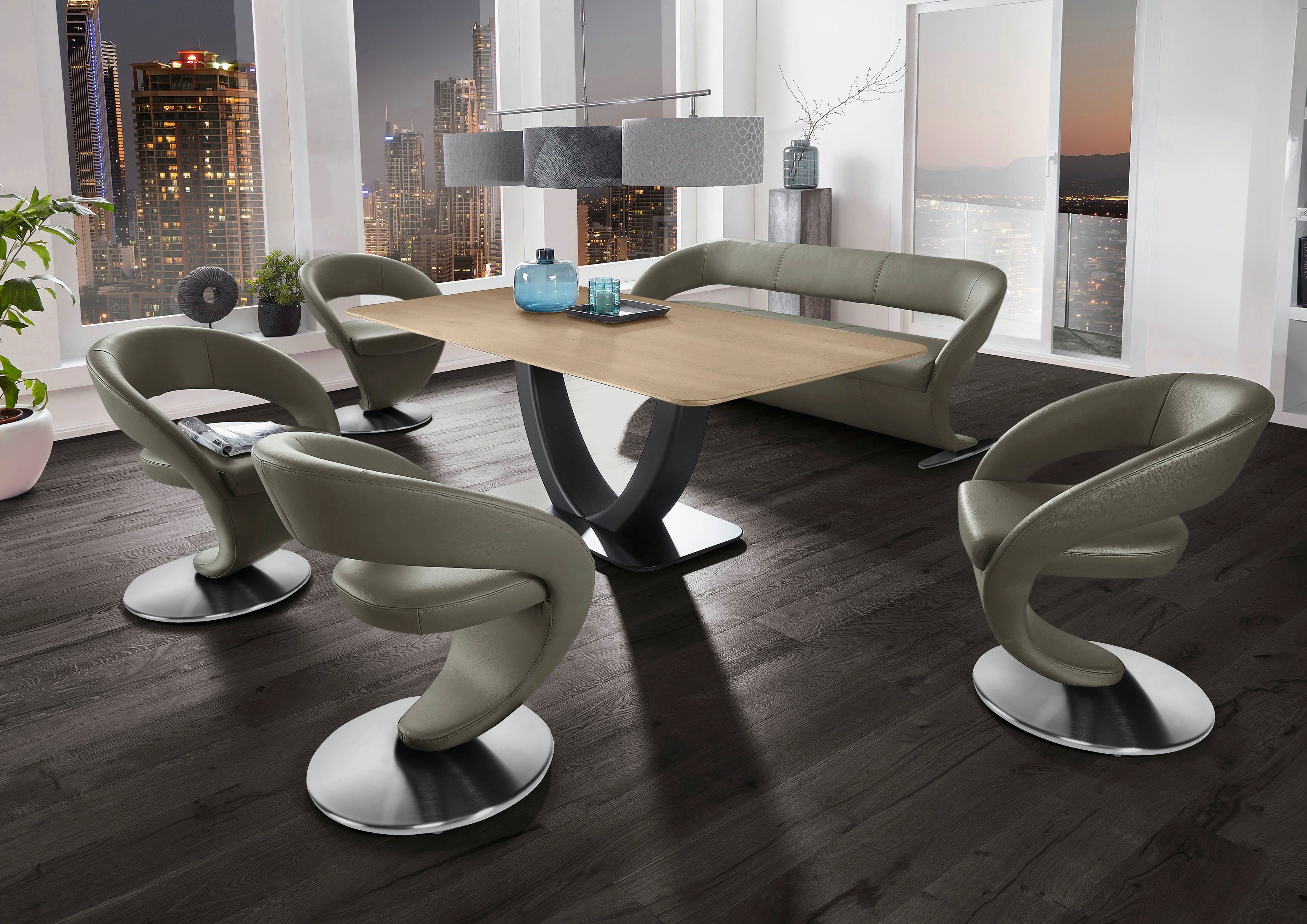 Wohnen & Wave, Tisch K+W Komfort (Set), Essgruppe in Design-Drehstühlen und 4 Design-Solobank 180x90cm mit