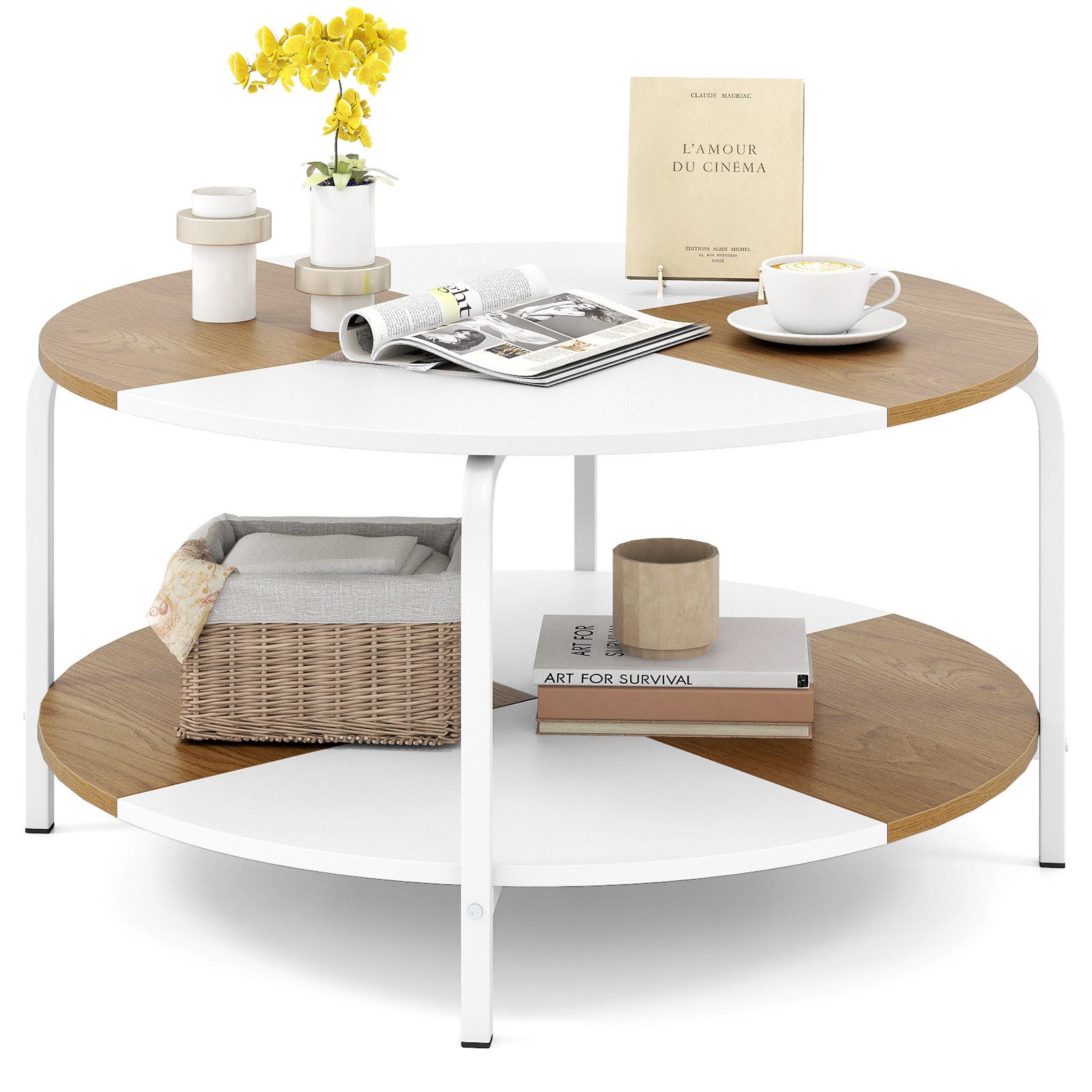 COSTWAY Couchtisch, rund, 80 cm Wohnzimmertisch 2 Ebenen mit Ablage