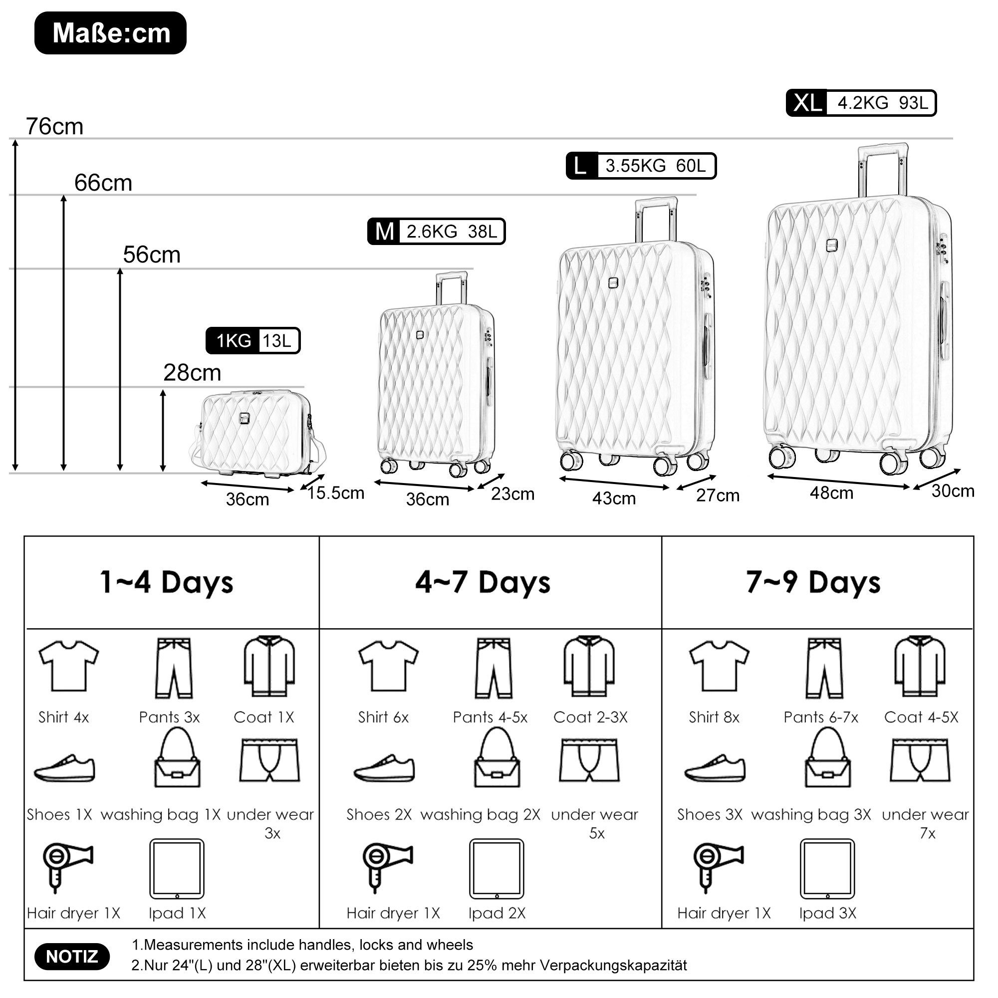 Mit Gepäck REDOM Trolleyset, Zahlenschloss Hartschalen-Koffer, Schwarz und Rollen, (S-M-L-XL-Set, tlg., 4 Teleskopstiel Kosmetiktasche, Rollkoffer), 4 mit Universalrad,