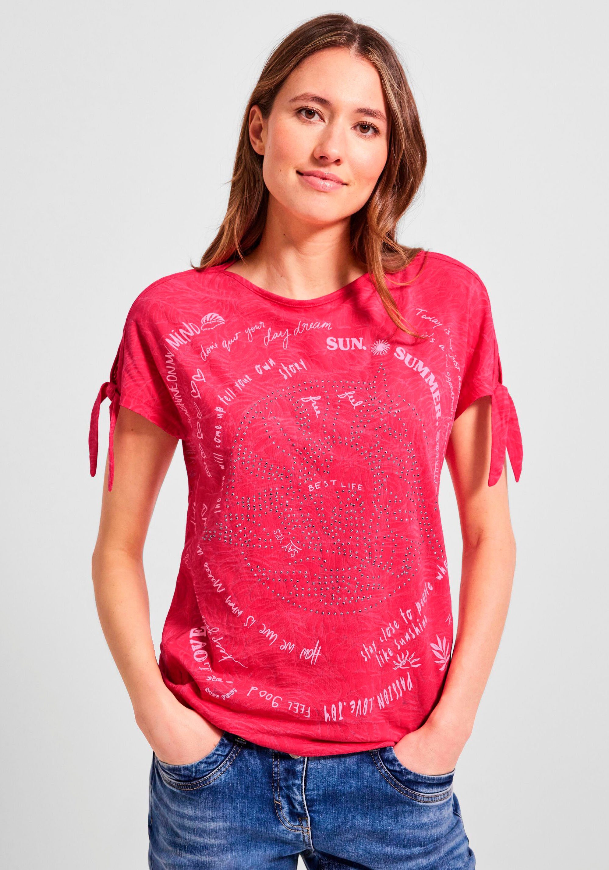 Cecil T-Shirt mit Bindeband an den Ärmeln strawberry red