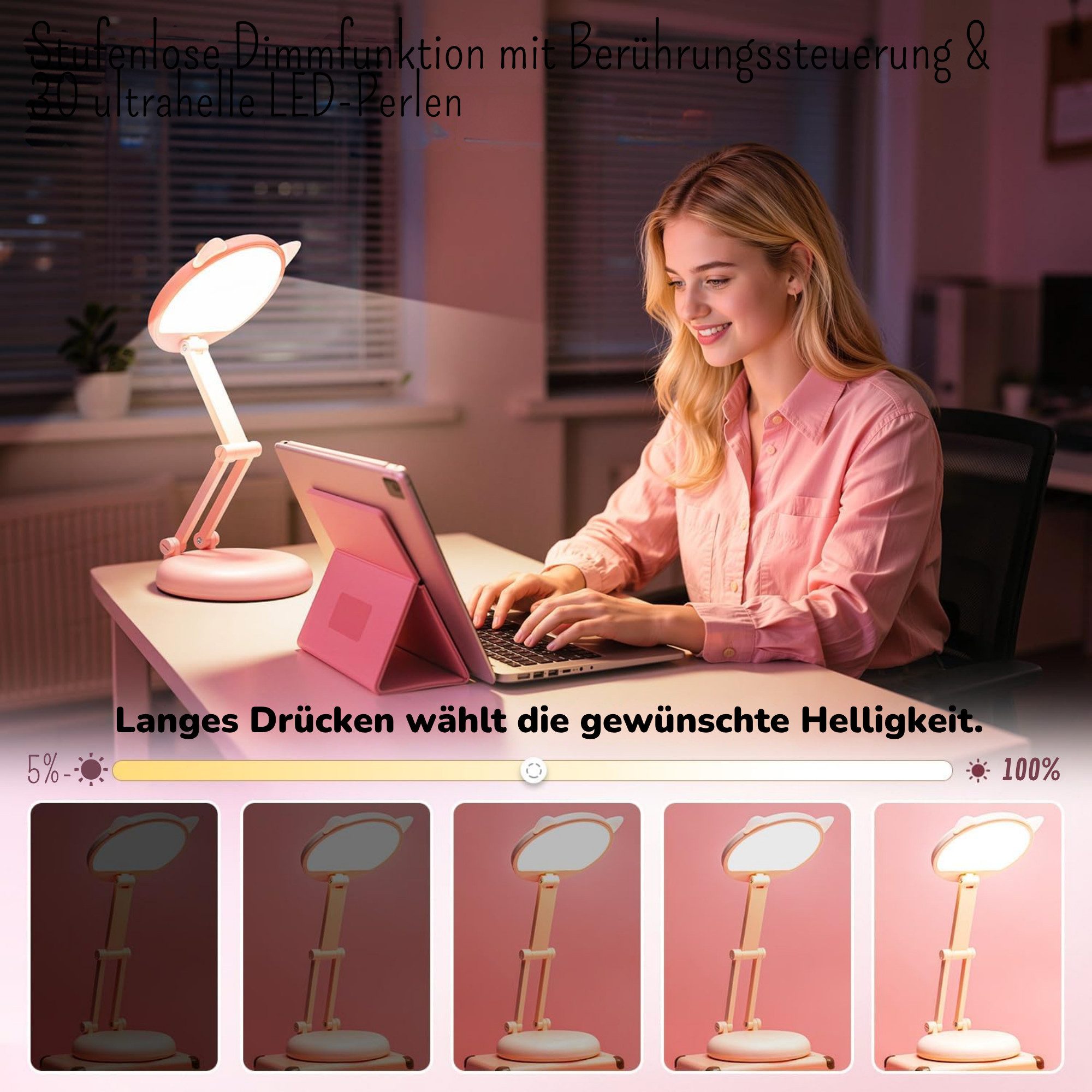 Vivitar LED Schreibtischlampe 3600-mAh Wiederaufladbare, 3600-mAh Tischlampe, klappbar, 300 Lumen, 4000 K natürliches Licht, Tageslichtweiß, 10 Helligkeitsstufen, Touch-Dimmer, Speicherfunktion, augenschonendem