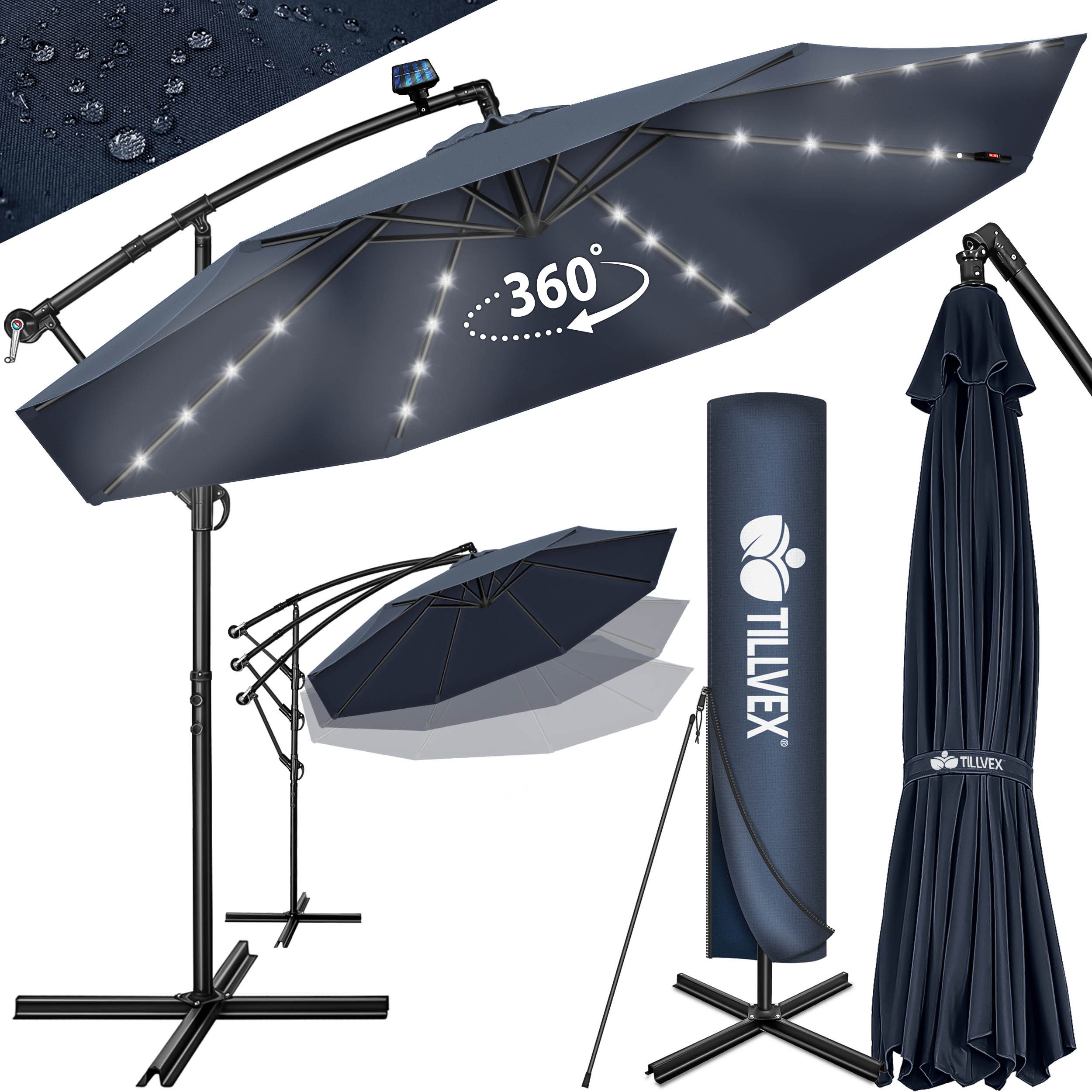 tillvex Sonnenschirm tillvex® Sonnenschirm LED Solar Ø 3m Ampelschirm Balkon Gartenschirm, Alu Ampelschirm + Abdeckung LED Solar Ø 350 cm mit Kurbel, Abdeckung + Ständer, Gartenschirm UV-Schutz Aluminium, Kurbelschirm Marktschirm wasserdicht 360° drehbar