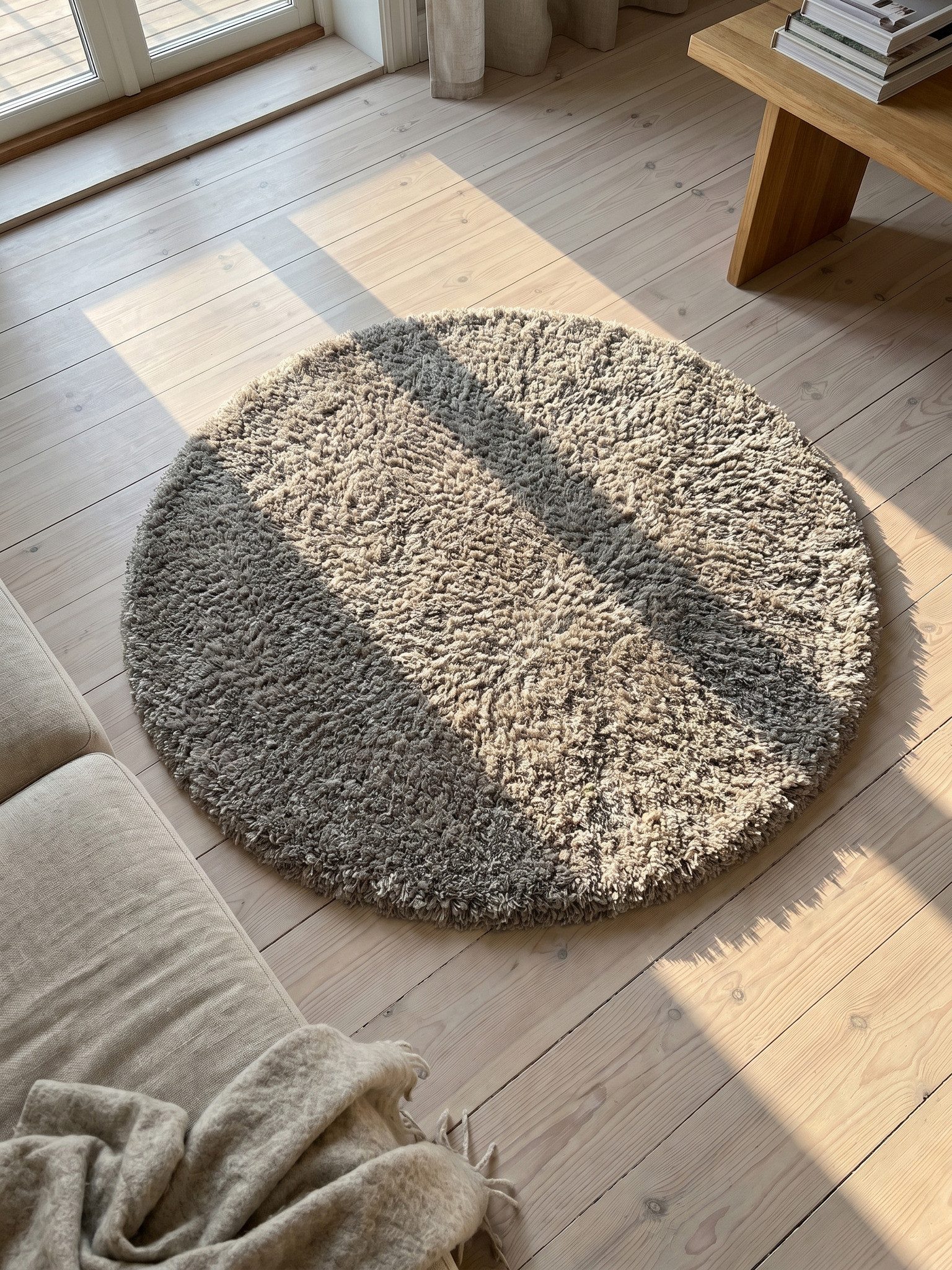 KADIMA DESIGN Teppich Hochflor Teppich Wohnzimmer SALZACH Uni Rund Läufer Schlafzimmer, Rund, Höhe: 52 mm, Beige, 80x80 cm, Wohnzimmerteppich Strapazierfähig Wa – Bild 4 von 5
