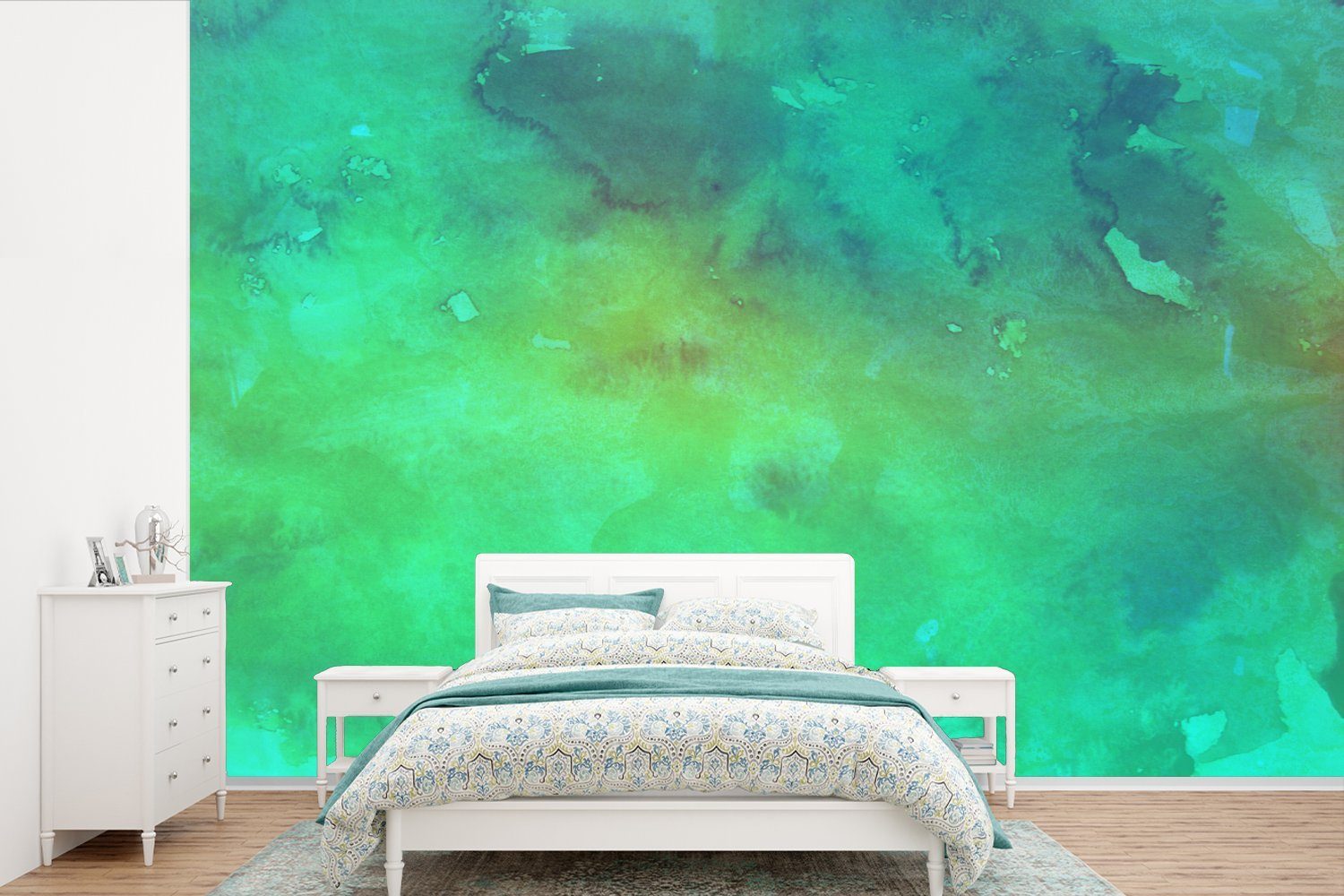 MuchoWow Fototapete Aquarell - Grün - Dunkelgrün - Abstrakt, Matt, bedruckt, (6 St), Wallpaper für Wohnzimmer, Schlafzimmer, Kinderzimmer, Vinyl Tapete