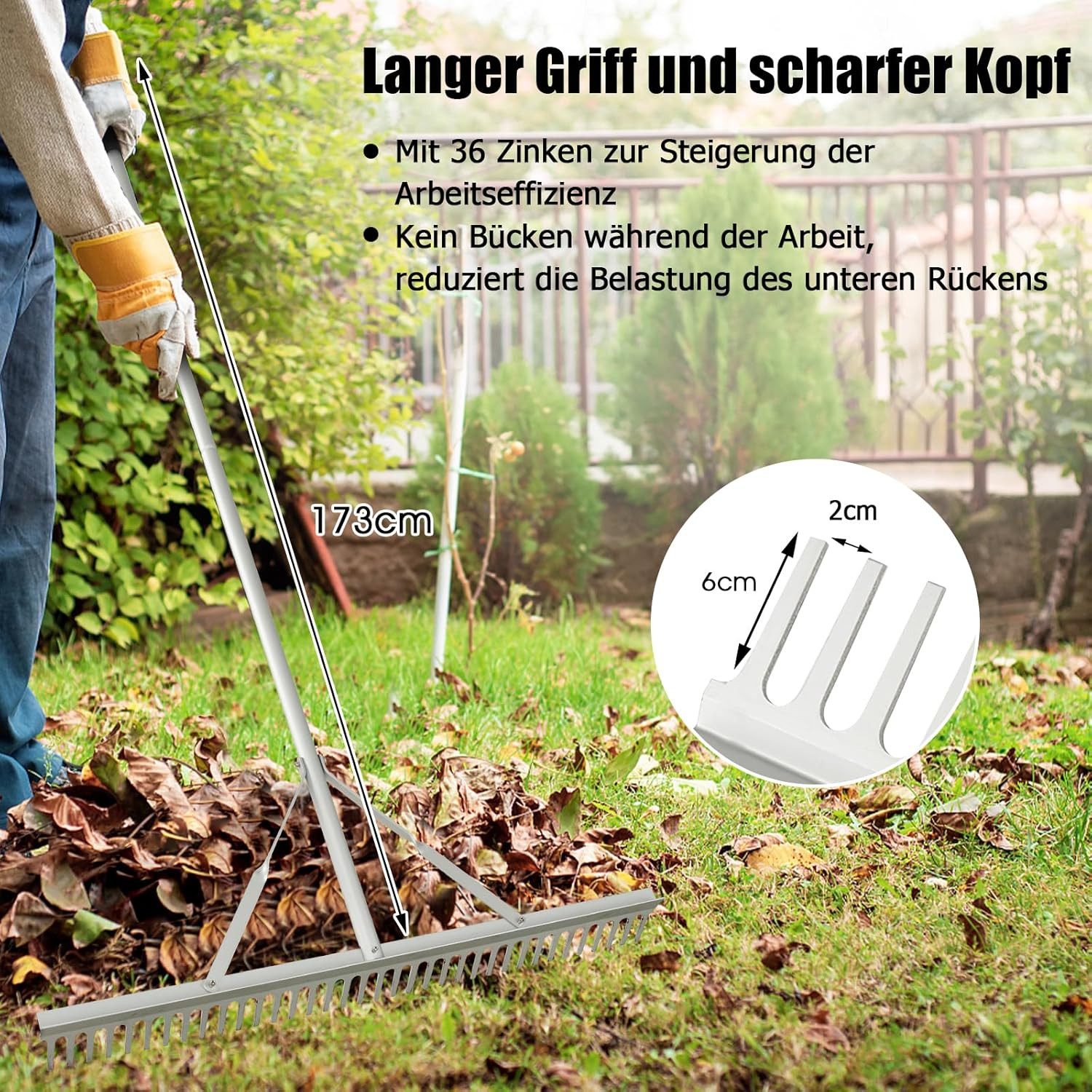 KOMFOTTEU Gartenrechen, 92,00 cm Arbeitsbreite, mit 170,00 cm langem Stiel, 36 Zinken & 170cm Stiel