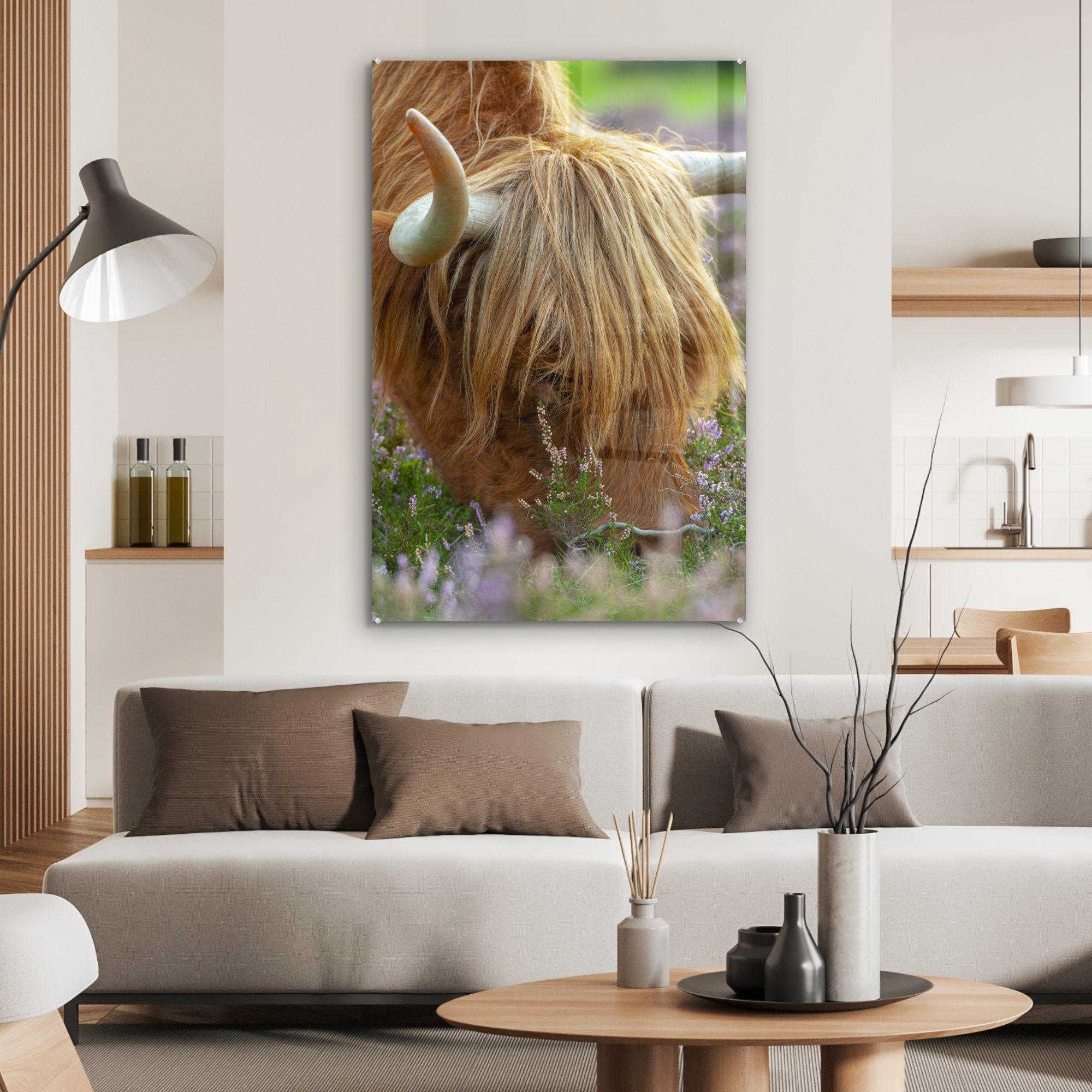 Gemälde Hörner (1 MuchoWow Heidekraut, auf Dekoration Acrylglasbild - Schottischer St), - Hochländer Glas, wohnzimmer