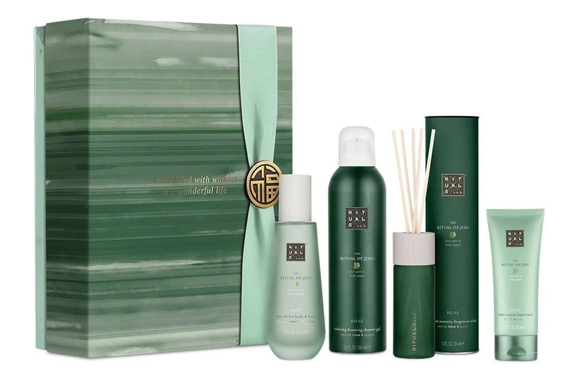 Rituals Wellness-Pflegeset The Rituals of Jing Geschenkset Groß Beauty Frauen & Männer Beauty Set, angenehmer Duft, Dusche, Raumduft, Körperpflege, 4-tlg., Duftstäbchen, Duschschaum, Körpercreme, Peeling, Geschenkbox, Damen & Herren Wellness Set, Pflege ideal als Geschenk für Mann & Frau