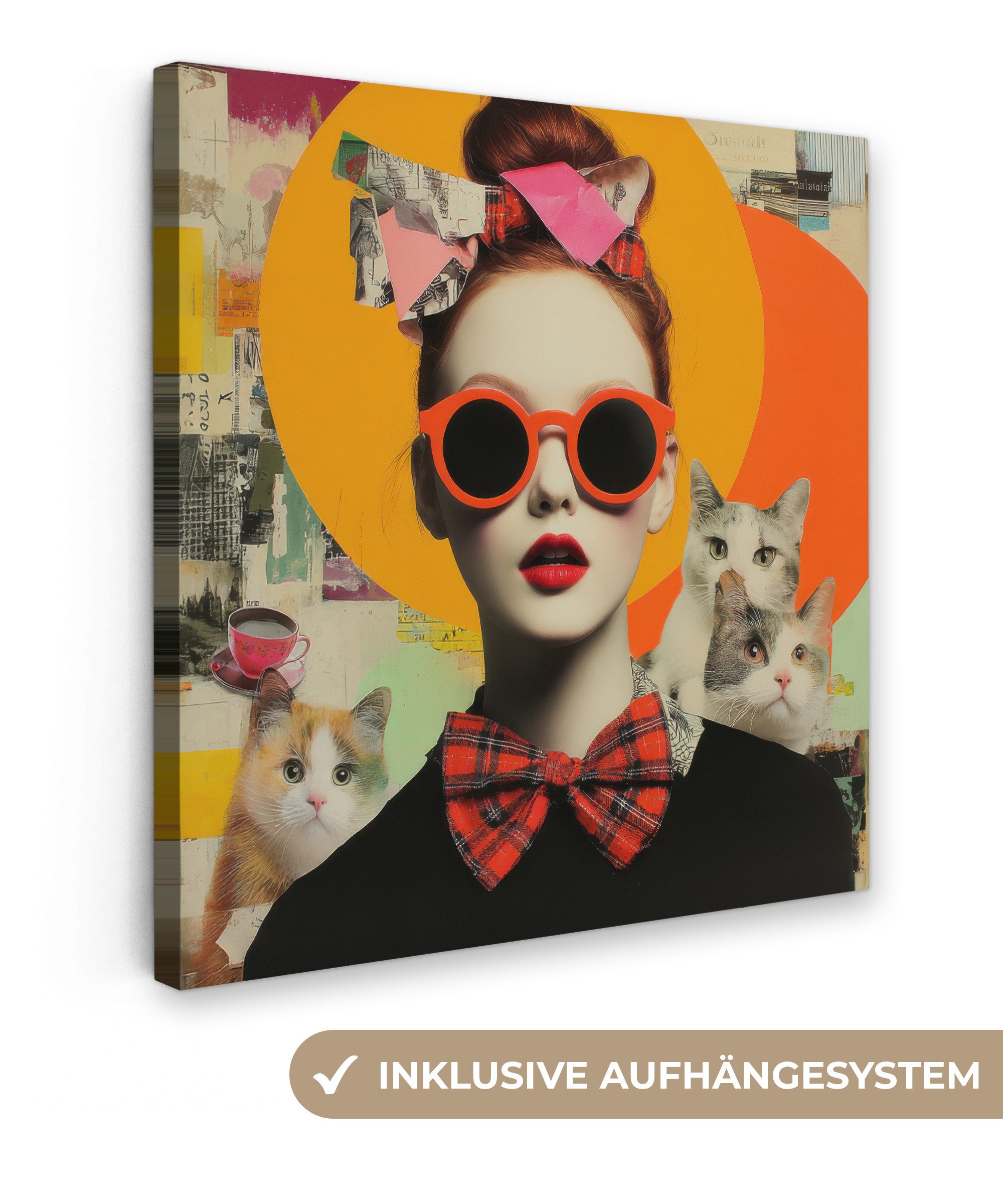 OneMillionCanvasses® Leinwandbild Frau - Brille - Fliege - Retro, Fotodruck (1 St), Wandbild, Deko Schlafzimmer Wohnzimmer Flur 20x20 cm