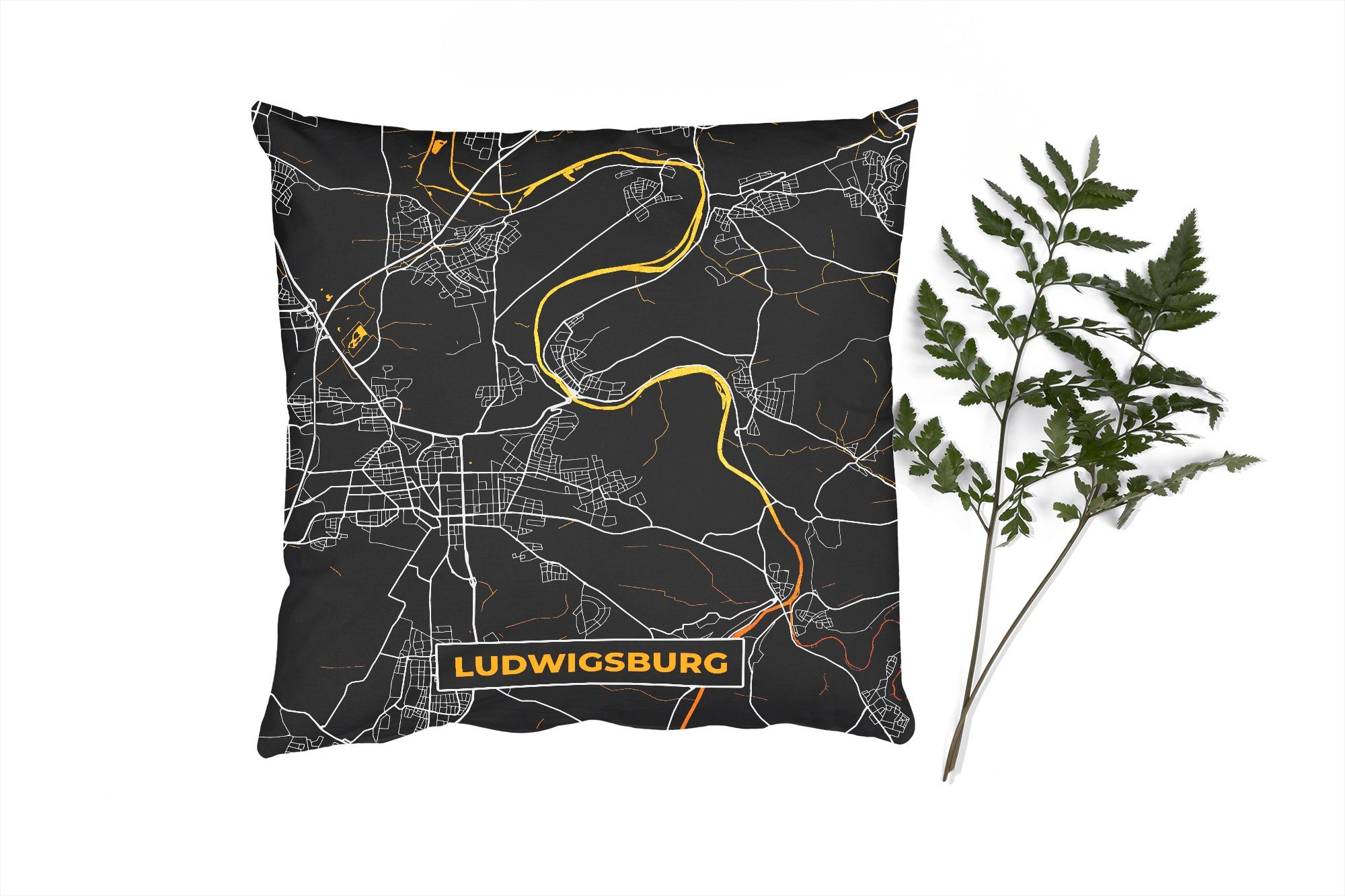 MuchoWow Dekokissen Karte - Ludwigsburg - Gold - Stadtplan - Deutschland, Zierkissen mit Füllung für Wohzimmer, Schlafzimmer, Deko, Sofakissen