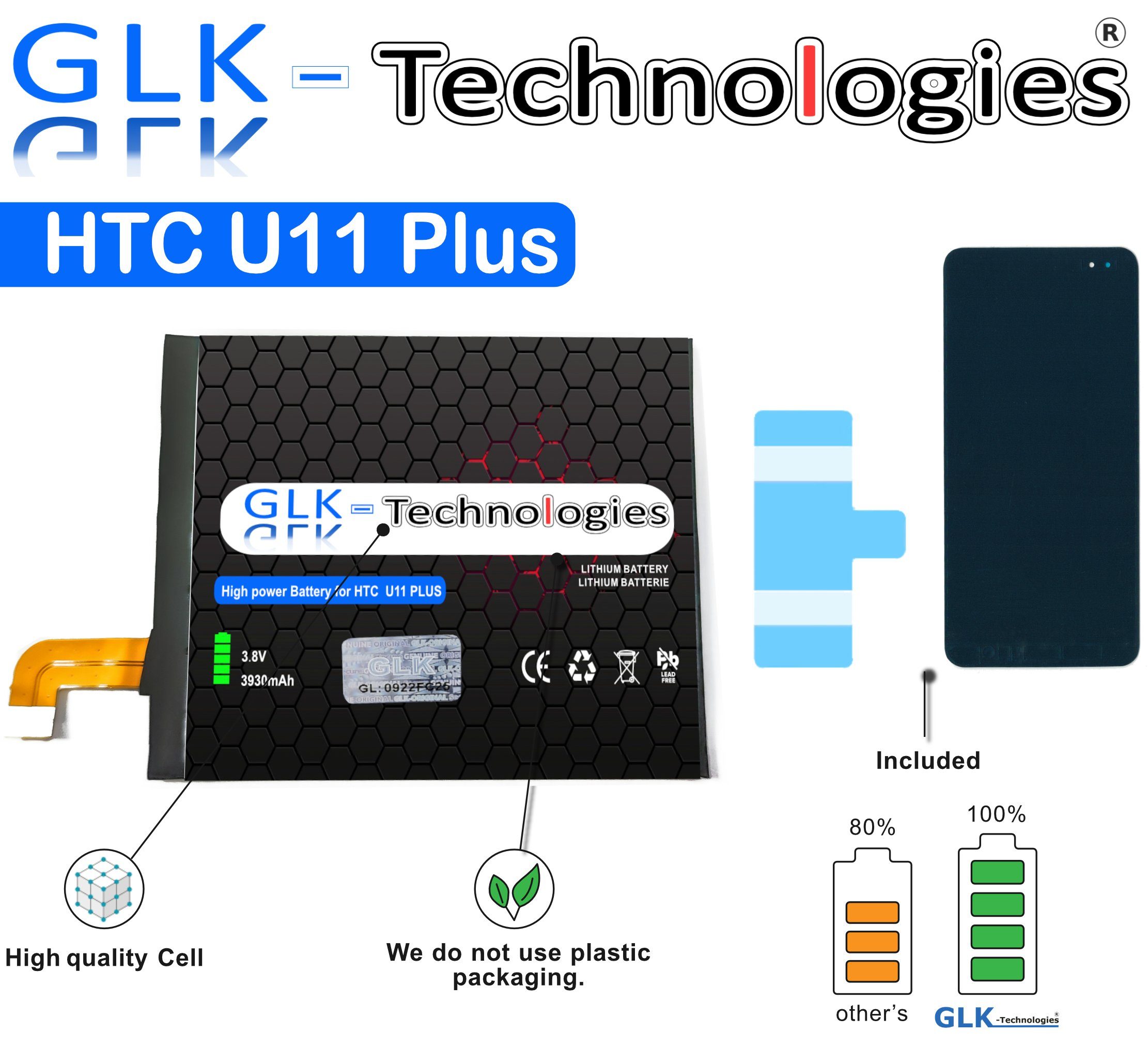 GLK-Technologies High Power Ersatzakku für HTC U11 Plus Battery, accu, 3930 mAh Akku, Ohne Set Handy-Akku