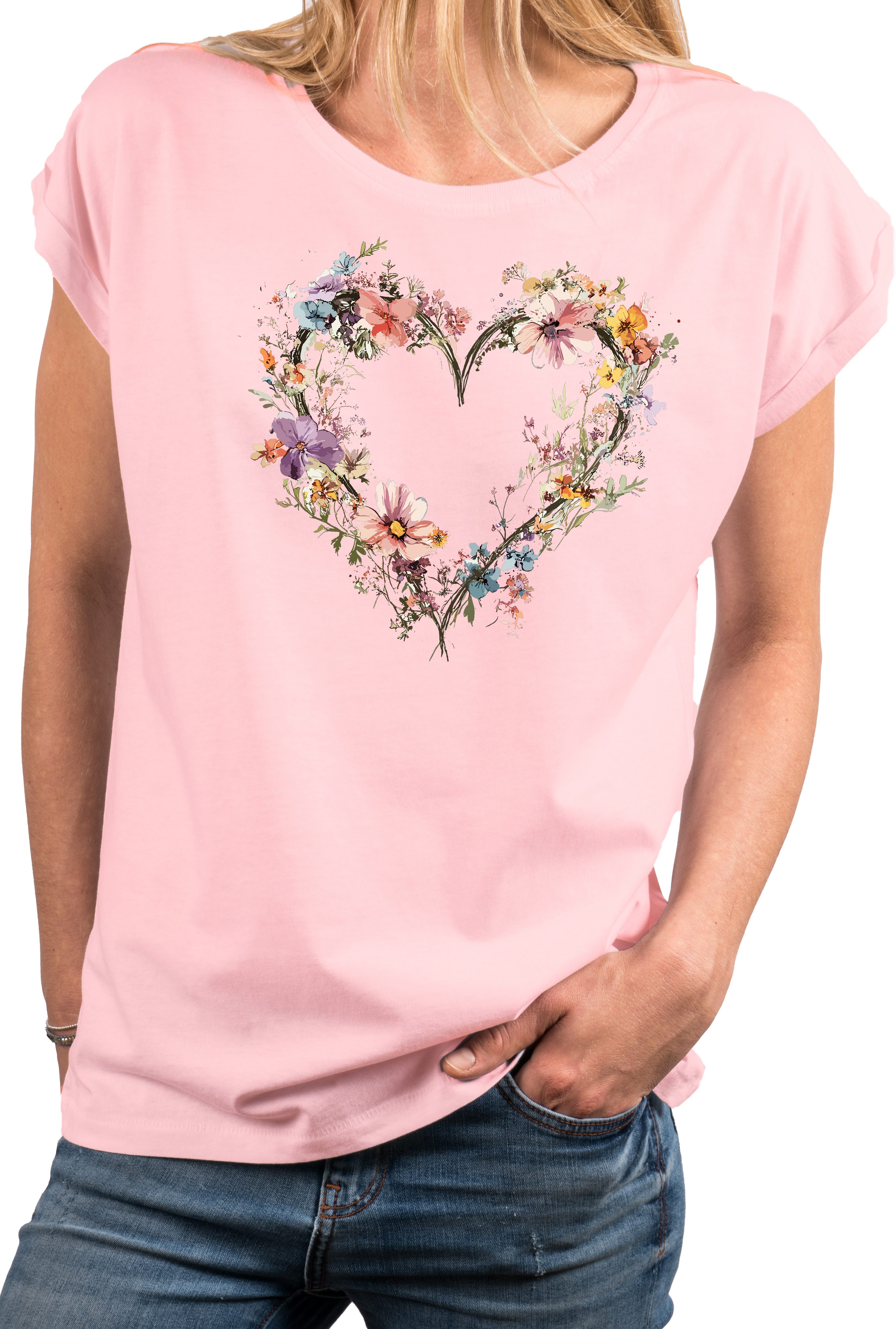 MAKAYA T-Shirt Blumenshirt für Damen – Herz-Motiv & Flower Design (Weiß, Ro günstig online kaufen