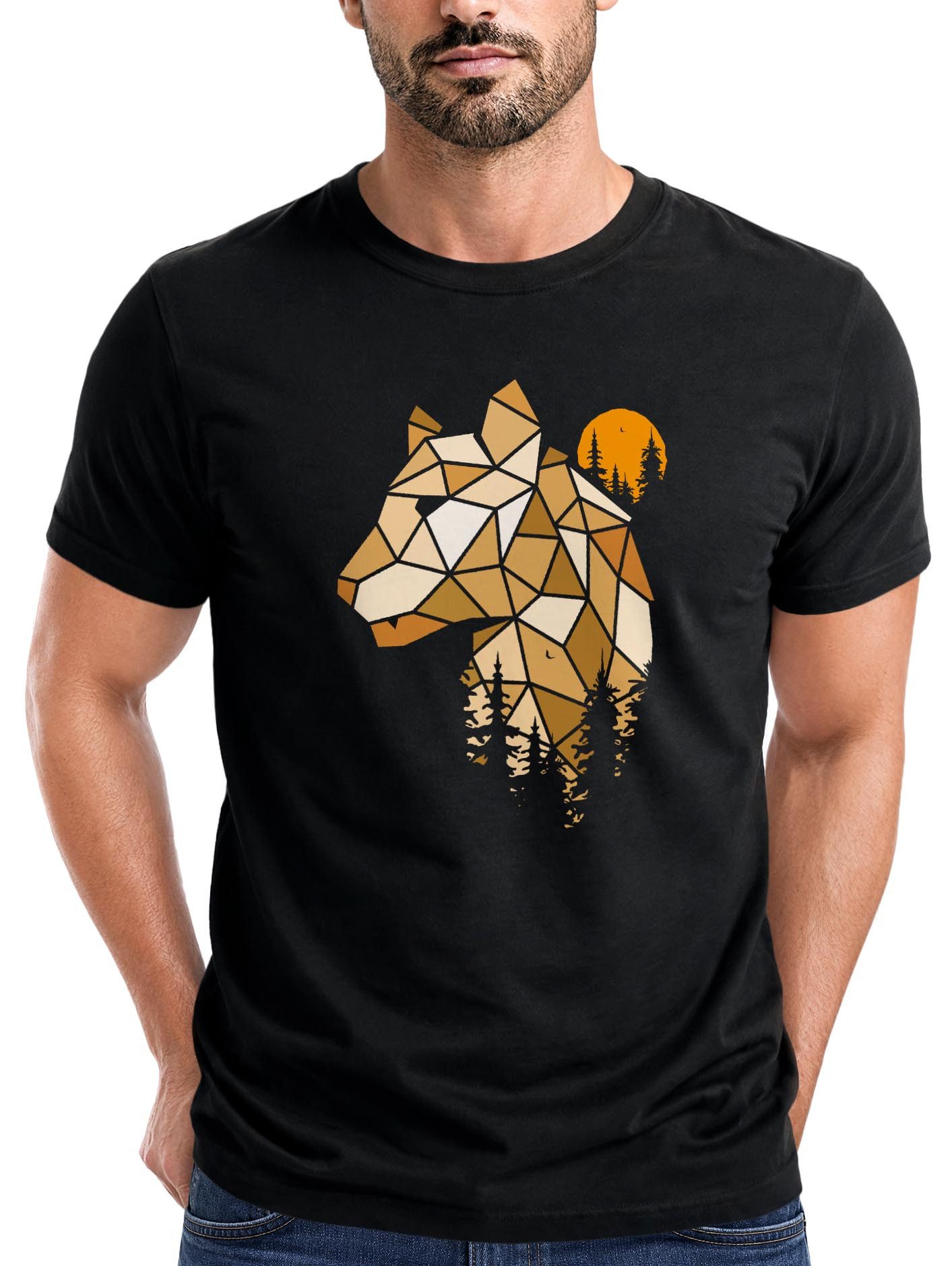 Neverless Print-Shirt Herren T-Shirt Fashion Polygon Print Luchs Wald Tiere Outdoor Motiv mit Print