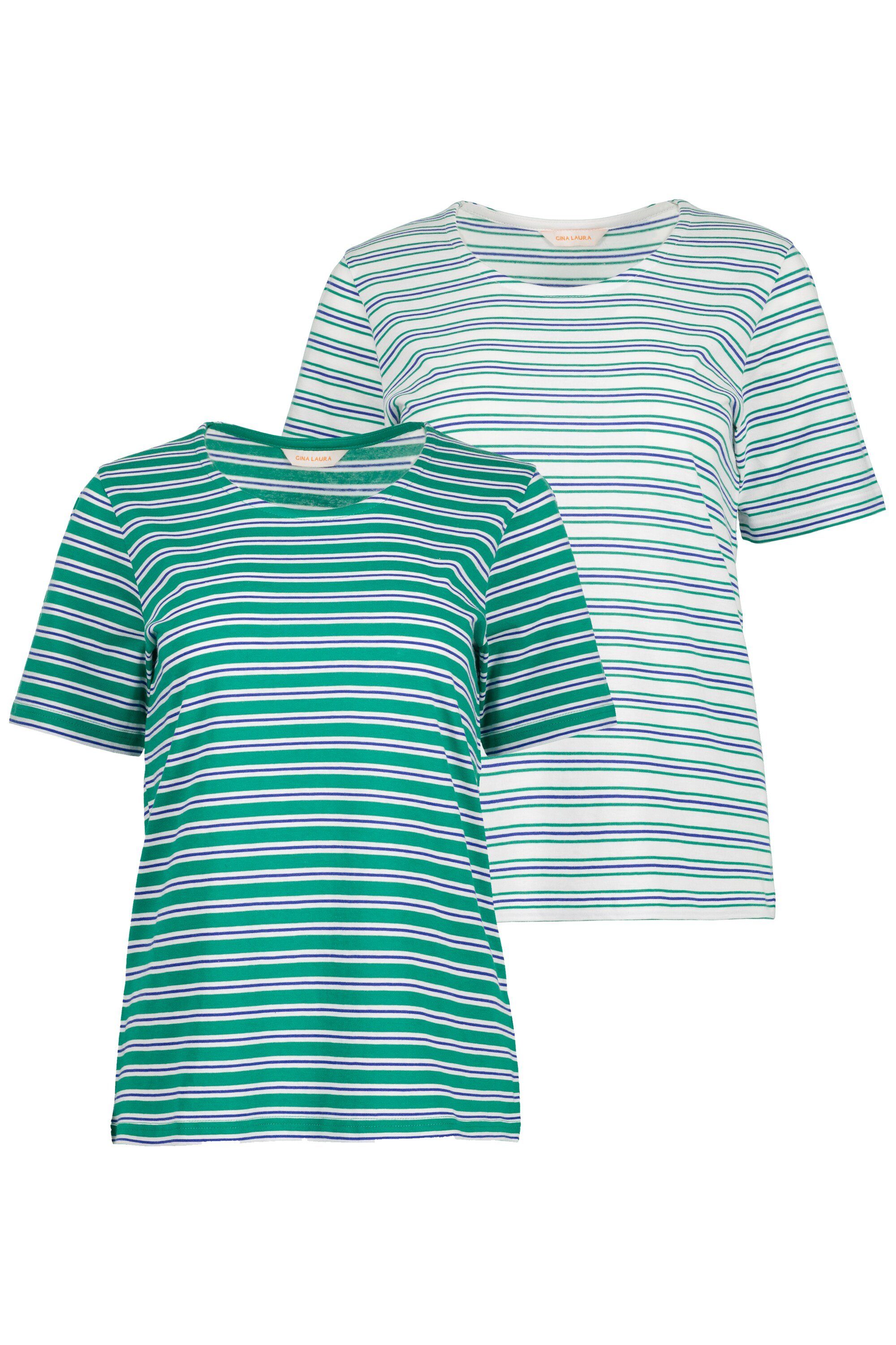 Gina Laura Rundhalsshirt T-Shirts 2er-Pack Ringel Rundhals Halbarm (2-tlg) grasgrün