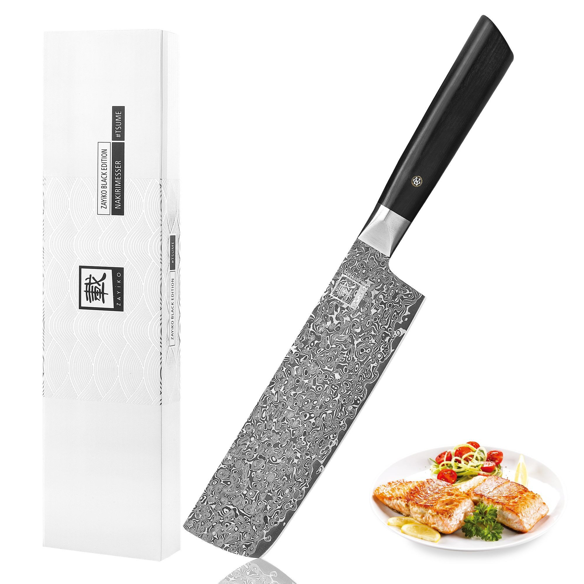ZAYIKO Asiamesser Black Edition Nakiri I 18,5cm Klinge I dunkler Damast I Pakkaholz, 67 Lagen Damaststahl, VG-10 Stahlkern
