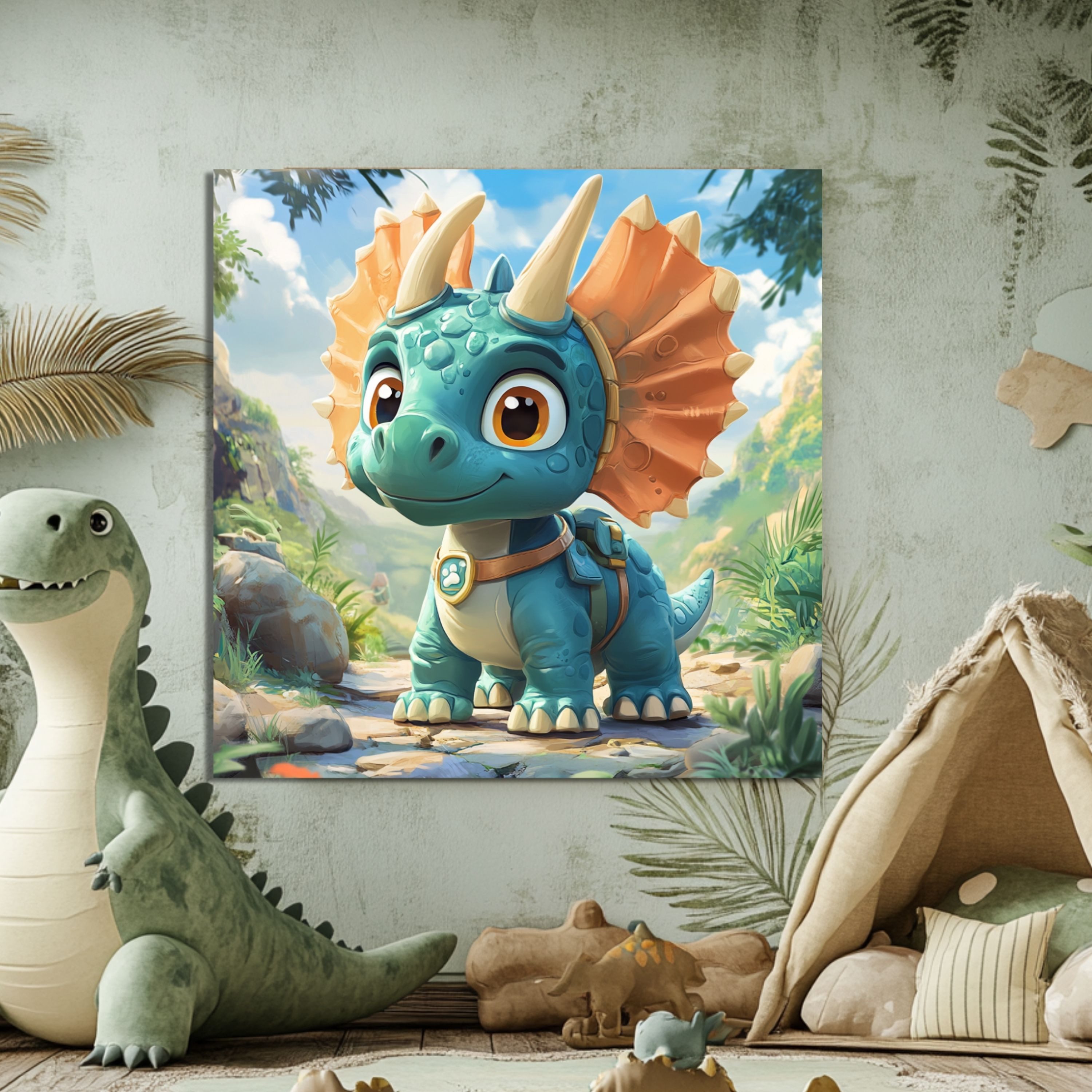 DARO Design Leinwandbild Modern Abstrakt Wandbilder XXL Wandbild Wand Deko Leinwand Bilder, (grüner-orangener Dino - Bild groß Wohnzimmer Schlafzimmer Küche Esszimmer Einteilig Querformat Fotodruck Leinwände Wanddeko Abstrakte Kunst Boho), 30x30cm