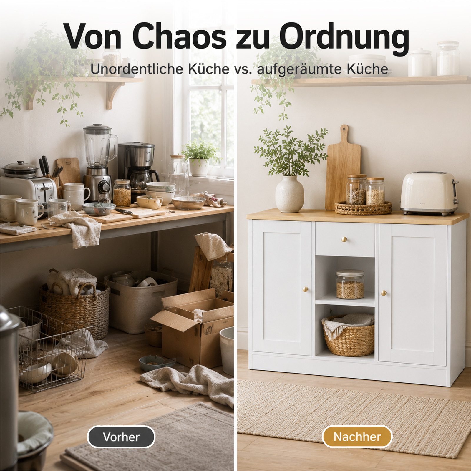 Yorbay Sideboard Buffet mit Doppeltür, 1 Schublade und 2 offenen Regalböden (Set, Weiß und helle Holzfarbe), Weißer Schrank mit 3 goldenen Griffen 117x40x16cm (BxTxH)