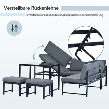 Ulife Gartenlounge-Set Aluminium Sitzgruppe für Garten Balkon, mit Liegefunktion, (5-tlg), Tisch mit Sicherheitsglasplatte, inkl. weiche Sitz- und Rückenkissen