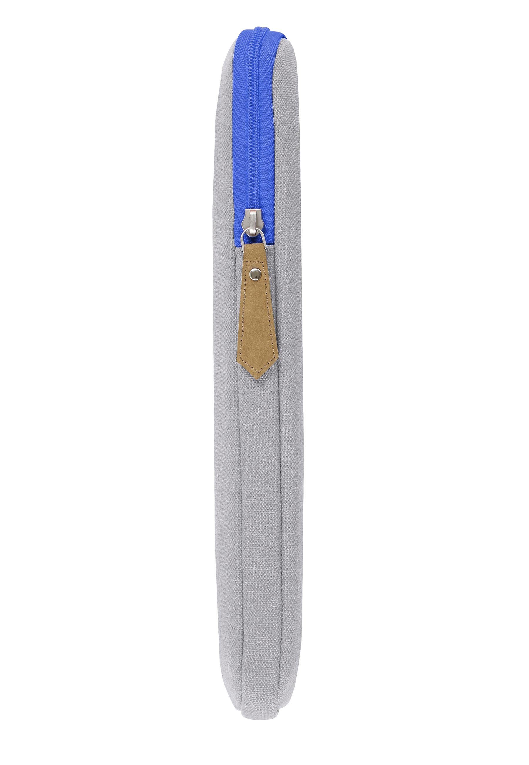 Laptoptasche MELA, aus 13" Laptophülle grau/hell-blau Leder Logo Reißverschlussanhänger MELA und