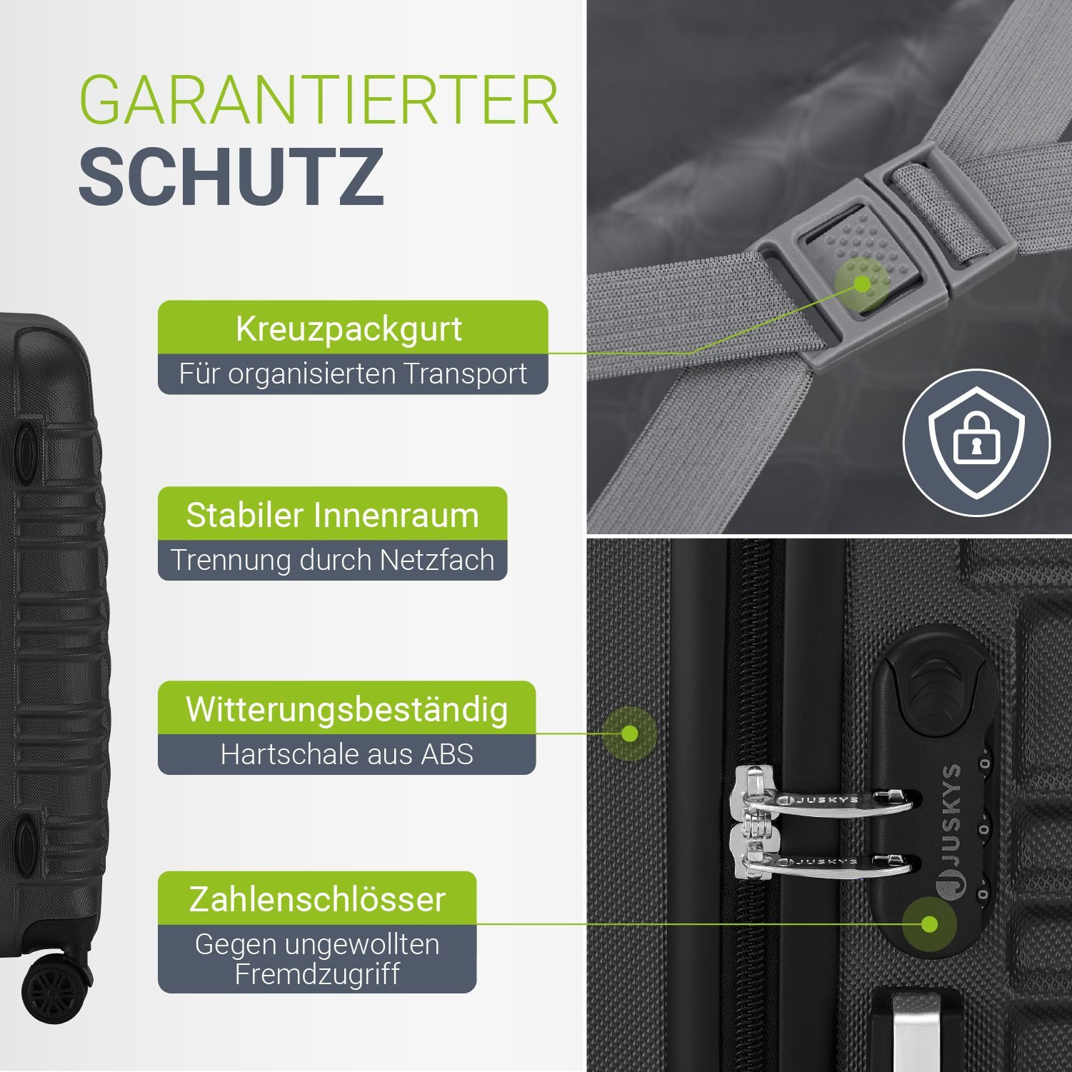 Juskys Trolleyset Rom, 4 Rollen, (4 tlg., 4-teilig), 4 Koffer, 360° Rollen, robuste Hartschale, mit Zahlenschloss