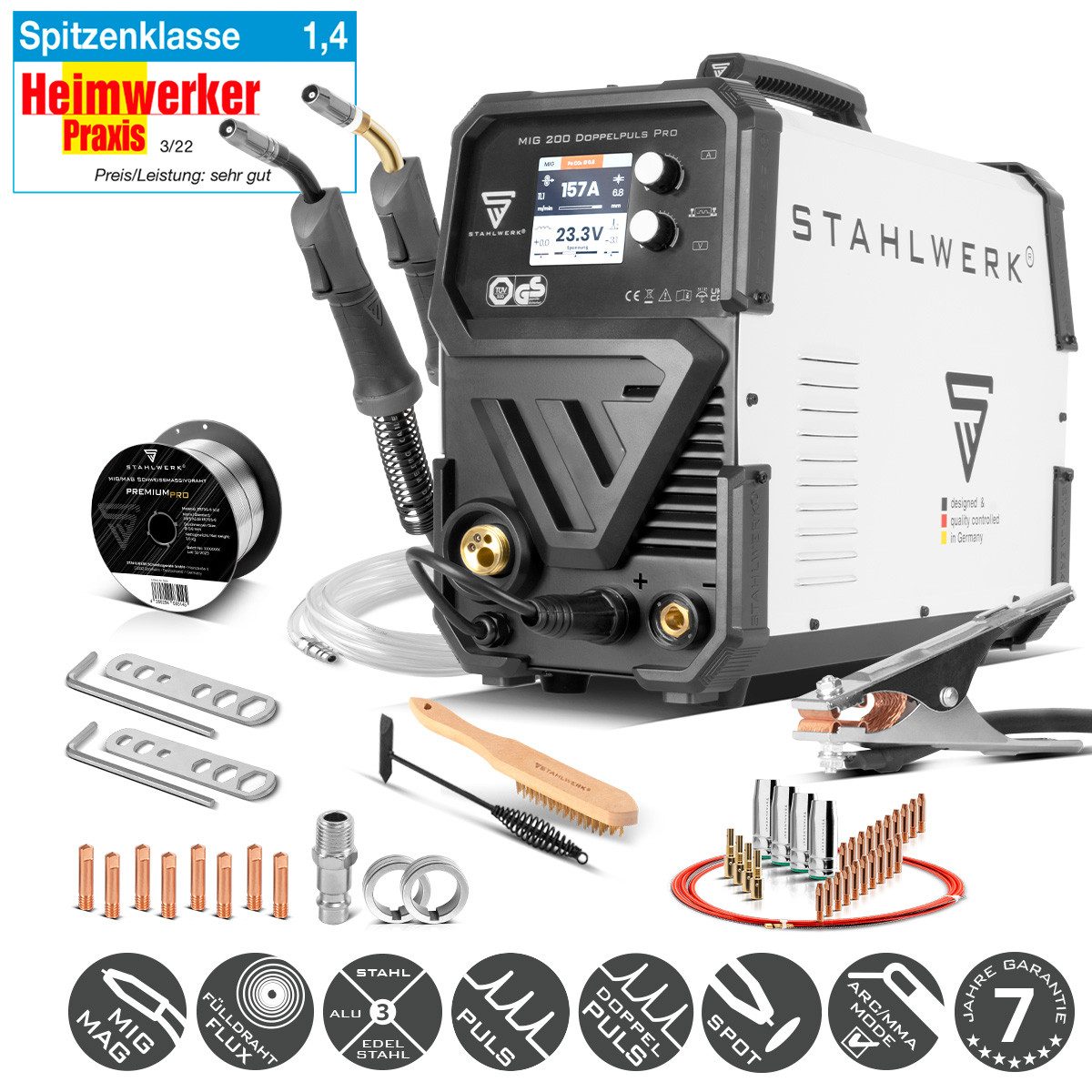 STAHLWERK Schutzgasschweißgerät Schweißgerät MIG MAG 200 Doppelpuls Pro, 30 - 200 A, Packung, 1-tlg., Set, Verschleißteile Set für Aluminium