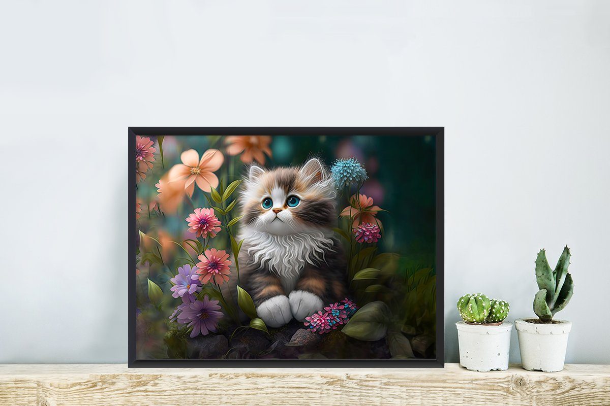 Katze, MuchoWow Gerahmtes St), Rahmen, Blumen Bilderrahmen Kunstdruck, Poster, Natur - - Kätzchen Poster - - Schwarzem Illustration mit (1