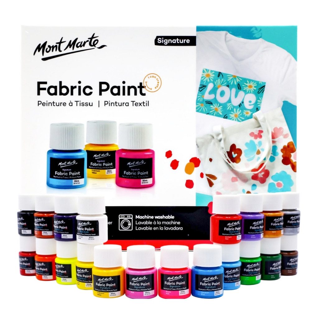 Mont Marte Textilfarbe Set 8 / 12 / 20 x 20ml – waschfesten Stofffarben – bügel­fixierbar, Stofffarbe für Baumwolle & Mischgewebe – für T-Shirts, Taschen & DIY