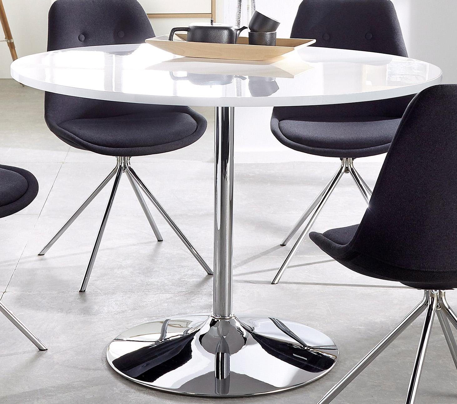 OTTO home Esstisch Trompet, rund, Ø110 cm, Tischplatte weiß Hochglanz, Trompetenfuß, Tulpentisch