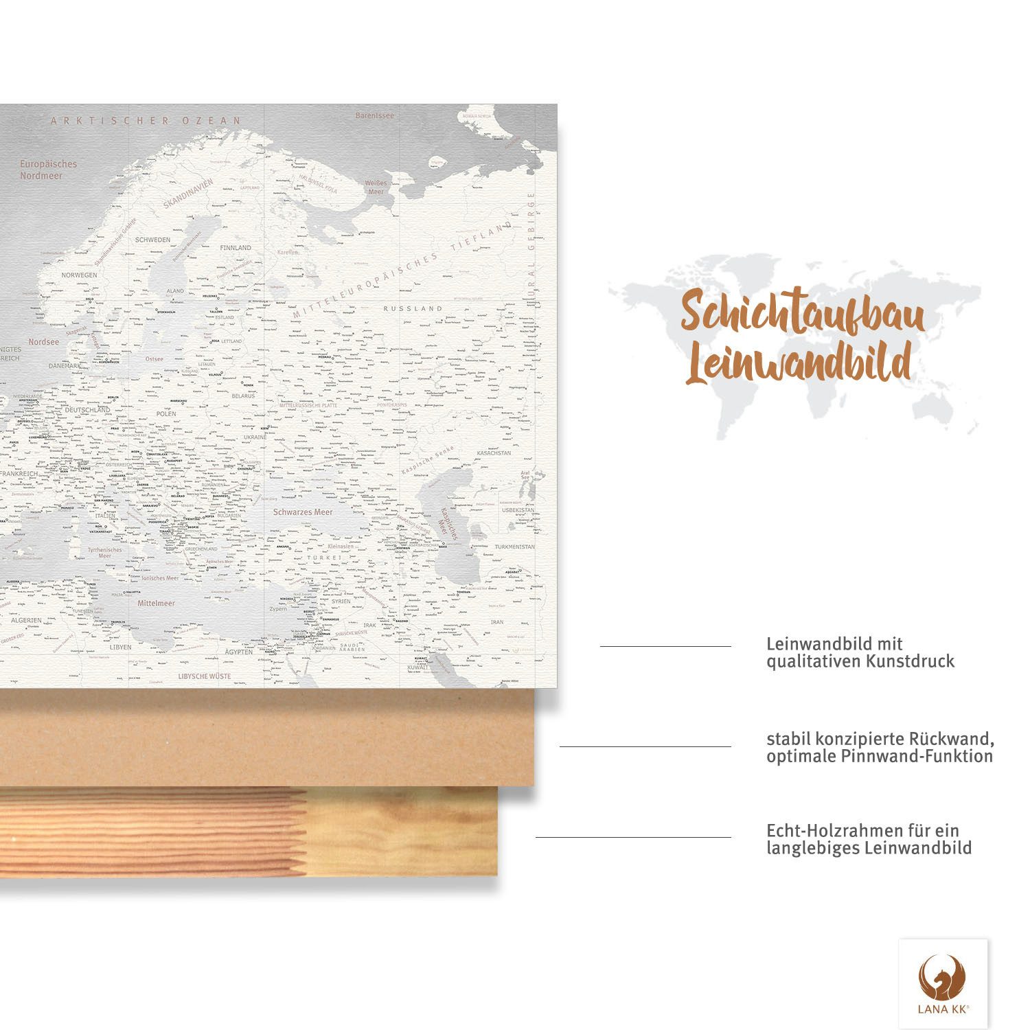 LANA KK Leinwandbild Europakarte Pinnwand zum markieren von Reisezielen, deutsche Beschriftung