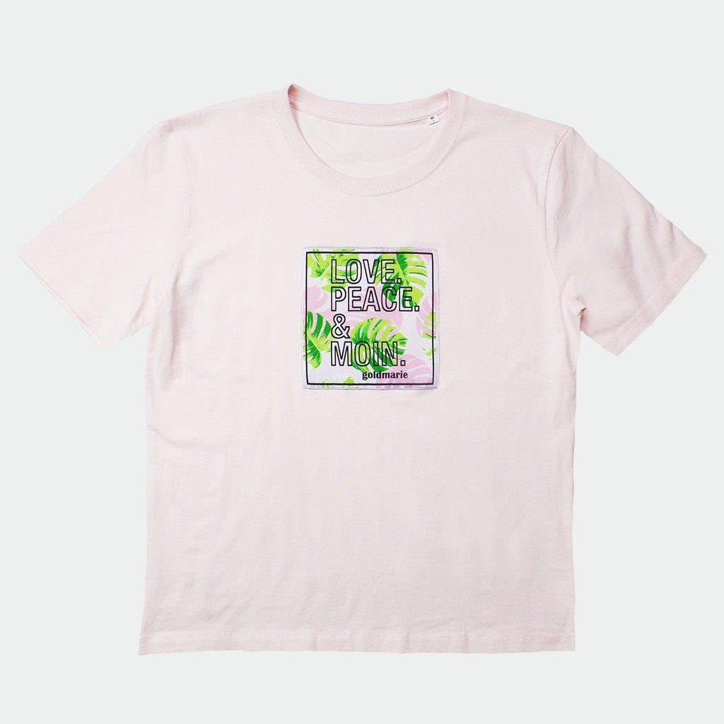Damen Shirts goldmarie T-Shirt LOVE PEACE MOIN Floral-Palmen Applikation rosa aus reiner Baumwolle