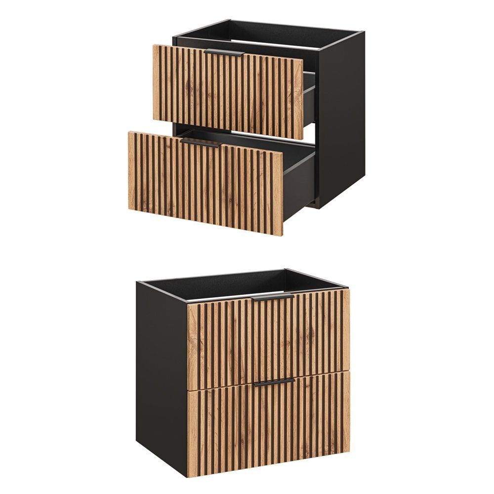 Lomadox Badmöbel-Set XANTEN-56, (Spar-Set, 2-St), anthrazit, Wotan Eiche Nb schwarz gerillt, Spiegel mit Touch Funktion