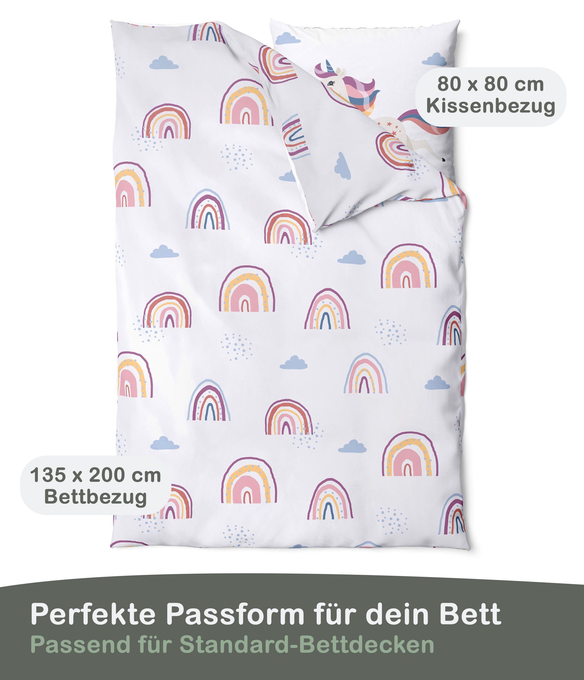 LINKHOFF Kinderbettwäsche Einhorn Bettwäsche 135x200 – 100% Baumwolle Mädchenbettwäsche, Unicorn Kinderbettwäsche 135x200 Regenbogen – Reißverschluss – Bild 2 von 5
