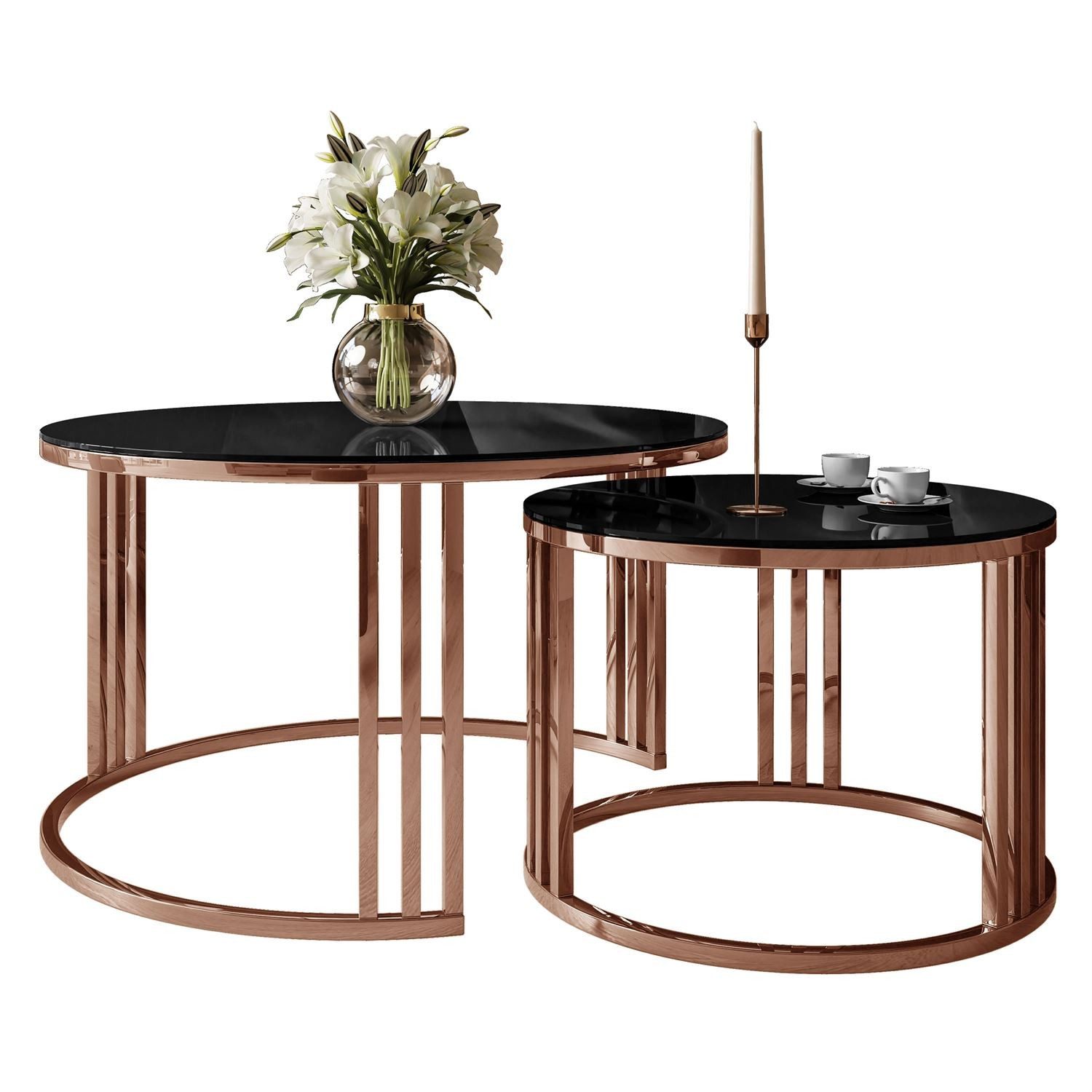 ALLHOUSE24 Couchtisch PEONY 2 in 1 2er Set mit Glasplatte und Kupfergestell Sofatisch (2er Set), Durchmesser: ⌀70 cm und ⌀50 cm