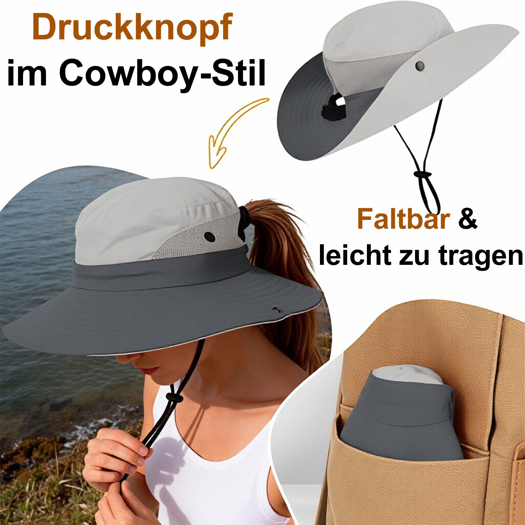 Mutig Sonnenhut 2 stk Damen Faltbarer Sonnenhut mit Zopföffnung breiter Rand UPF 50 (Mesh Breiter Rand Strand Fischerhut, UV Schutz Winddicht Strandhut, Wasserdicht Leicht Outdoor Buschhut mit Verstellbare Kinnband) Sommerhut Wanderhut Gartenhut für Sommer, Wandern Strand & Reise