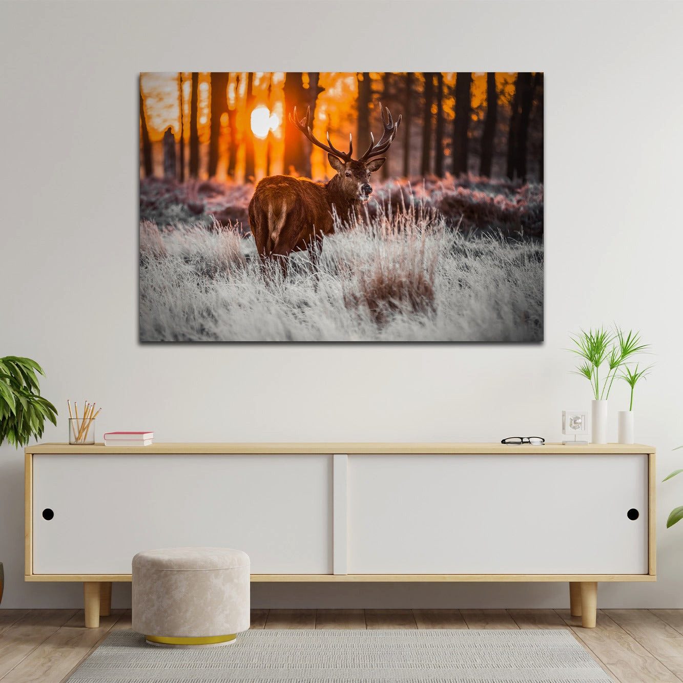Artedinoi Leinwandbild Hirsch und Natur, Winter Tier Wandbild Leinwandbild Deko Kunst XL